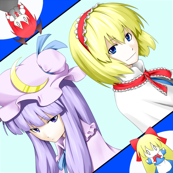 kentairui, alice margatroid, koakuma, patchouli knowledge, shanghai doll, touhou, 0 0, 4girls, back-to-back, blonde hair, blue eyes, capelet, female focus, multiple girls, purple eyes, purple hair, smile