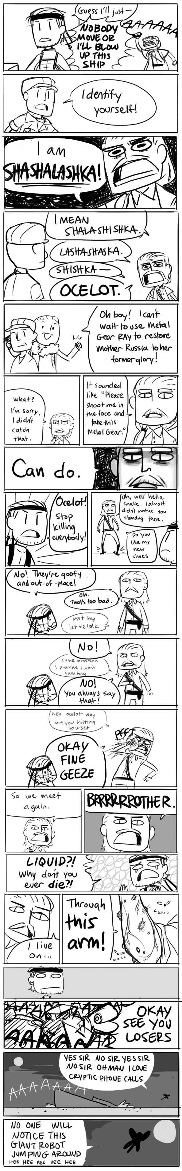 gigi d.g., metal gear ray, revolver ocelot, scott dolph, sergei gurlukovich, solid snake, metal gear (series), metal gear solid, metal gear solid 2: sons of liberty, absurdres, highres, long image, tall image, 6+boys, comic, english text, greyscale, male focus, monochrome, multiple boys