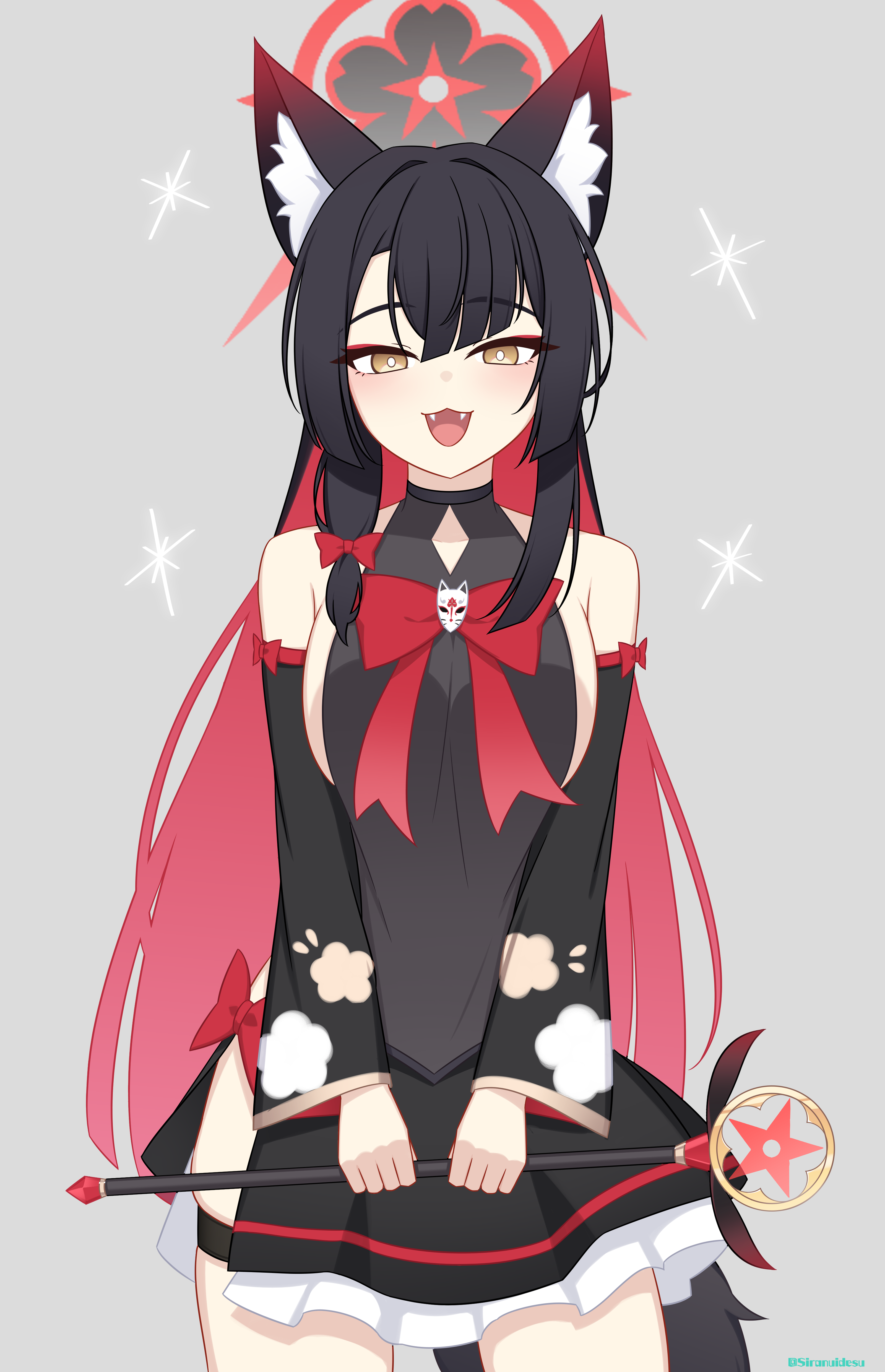 siranui desu, wakamo (blue archive), blue archive, absurdres, highres, 1girl, adapted costume, alternate costume, animal ears, bare shoulders, black hair, black halo, black shirt, black skirt, blush, detached sleeves, eyeshadow, fangs, fox ears, fox girl, fox tail, hair between eyes, halo, happy, holding, holding wand, long hair, looking at viewer, makeup, miniskirt, multicolored hair, pleated skirt, red eyeshadow, red hair, red halo, shirt, skirt, solo, standing, tail, two-tone hair, very long hair, wand