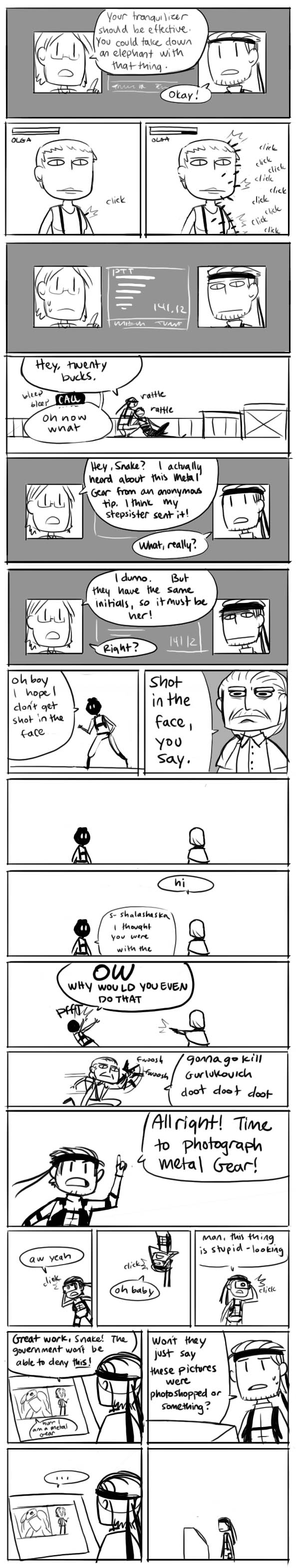 gigi d.g., hal emmerich, olga gurlukovich, revolver ocelot, metal gear (series), metal gear solid, metal gear solid 2: sons of liberty, absurdres, highres, long image, tall image, 1girl, 3boys, comic, english text, greyscale, monochrome, multiple boys