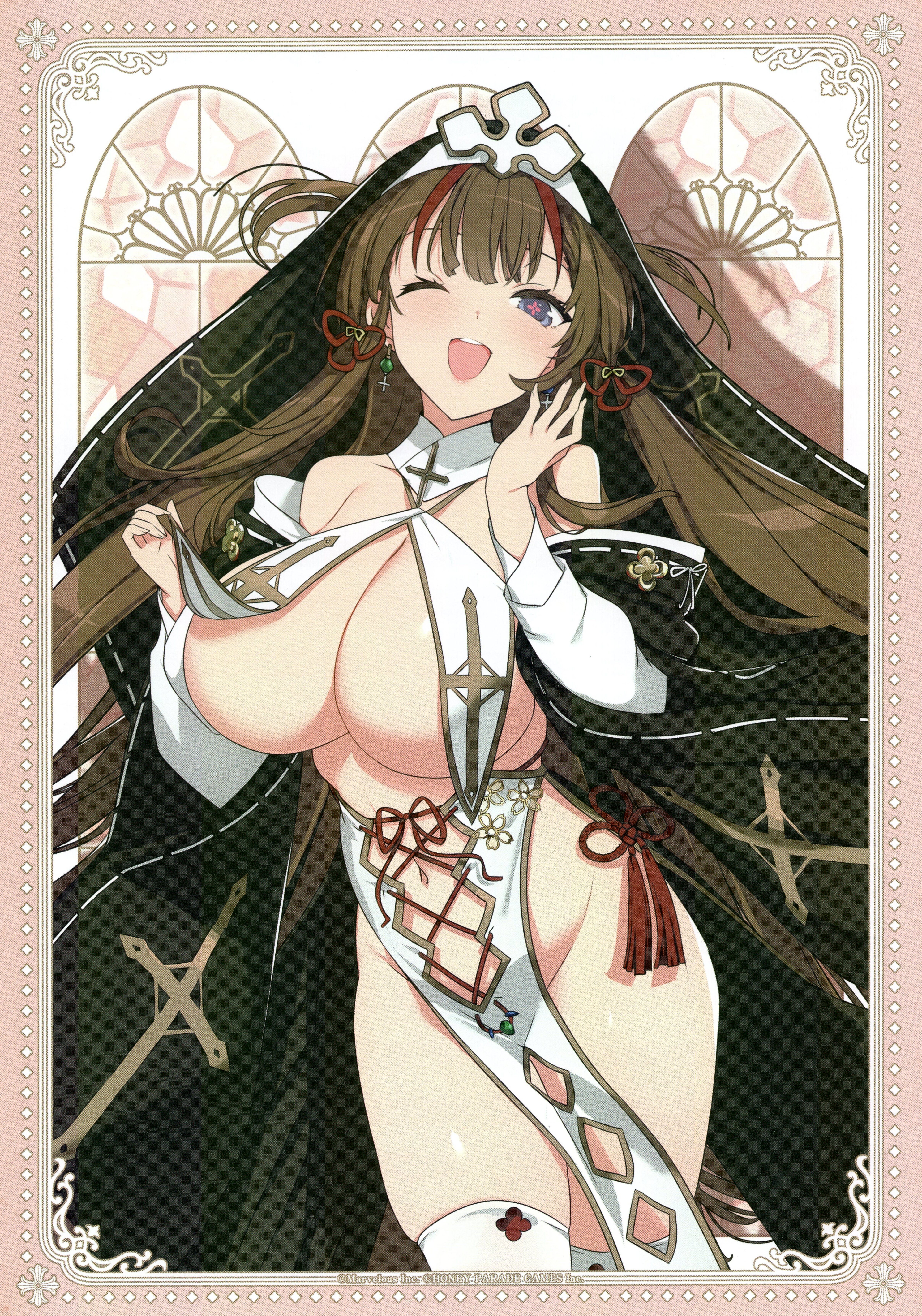 yaegashi nan, toki (senran kagura), senran kagura, senran kagura new link, absurdres, highres, non-web source, official art, + +, 1girl, black dress, black veil, blue eyes, breast curtain lift, breast curtains, breasts, brown hair, chinese knot, cleavage, coif, cross, cross-laced clothes, cross-laced dress, cross earrings, cross necklace, dress, earrings, flower-shaped pupils, hair ornament, hair rings, hairpin, huge breasts, jewelry, lifting own clothes, light blush, long hair, looking at viewer, mismatched earrings, multicolored hair, multiple hairpins, navel, necklace, no panties, nun, one eye closed, open mouth, pelvic curtain, pink pupils, red hair, red streaks, revealing clothes, smile, solo, streaked hair, symbol-shaped pupils, thighhighs, traditional nun, veil