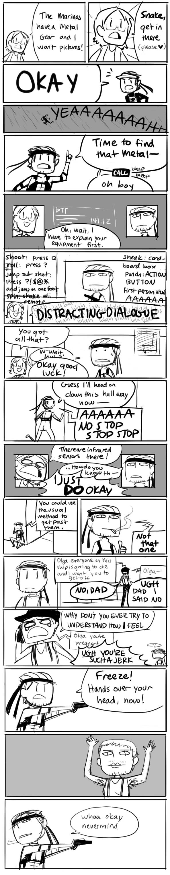 gigi d.g., hal emmerich, olga gurlukovich, solid snake, metal gear (series), metal gear solid, metal gear solid 2: sons of liberty, absurdres, highres, long image, tall image, 1girl, 2boys, comic, english text, greyscale, monochrome, multiple boys