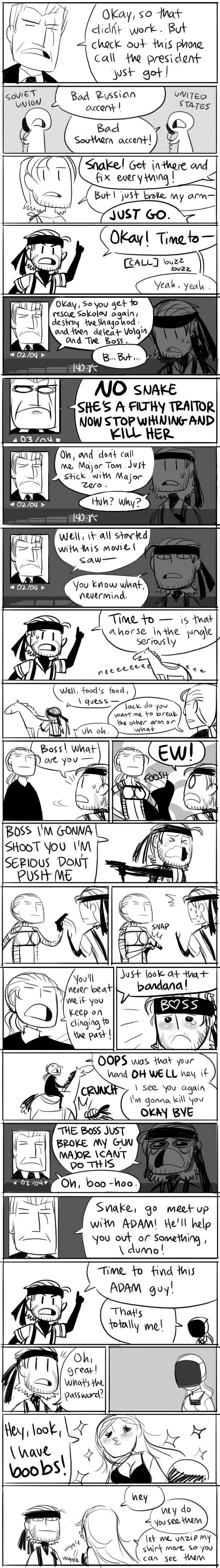 gigi d.g., big boss, eva (metal gear), major zero, naked snake, the boss, metal gear (series), metal gear solid, metal gear solid 3: snake eater, absurdres, highres, long image, tall image, 2girls, 4boys, comic, english text, greyscale, monochrome, multiple boys, multiple girls