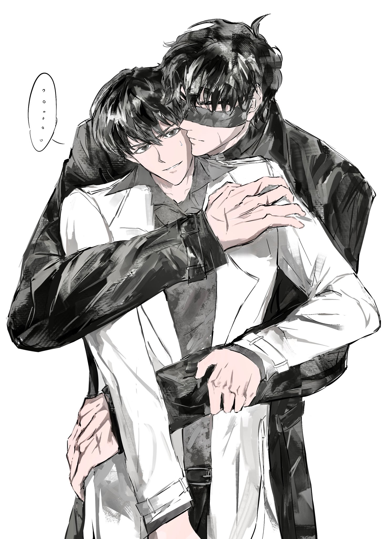 kim dokja, yoo joonghyuk, omniscient reader's viewpoint, highres, …, 2boys, 8d2suga9, arm around waist, black coat, black eyes, black hair, black shirt, blindfold, coat, collared shirt, cowboy shot, hand on another's arm, hand on another's shoulder, hug, hug from behind, large hands, multiple boys, scar, scar on face, shirt, short hair, spoken ellipsis, white coat