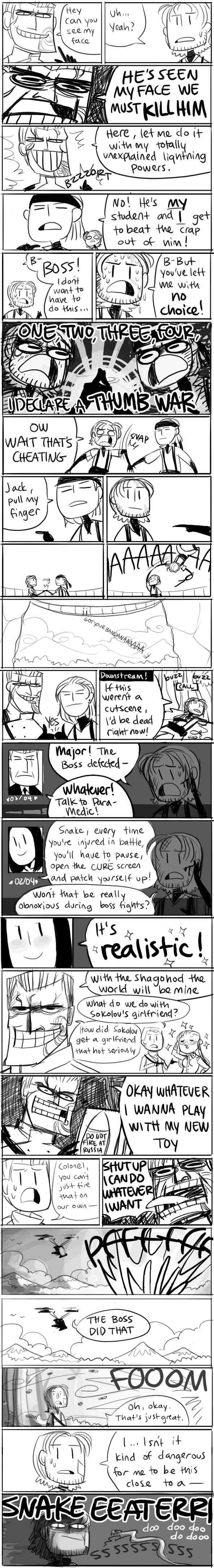 gigi d.g., big boss, eva (metal gear), major zero, naked snake, para-medic (mgs3), revolver ocelot, tatyana (mgs3), the boss, yevgeny borisovitch volgin, metal gear (series), metal gear solid, metal gear solid 3: snake eater, absurdres, highres, long image, tall image, 2girls, 4boys, comic, english text, greyscale, monochrome, multiple boys, multiple girls