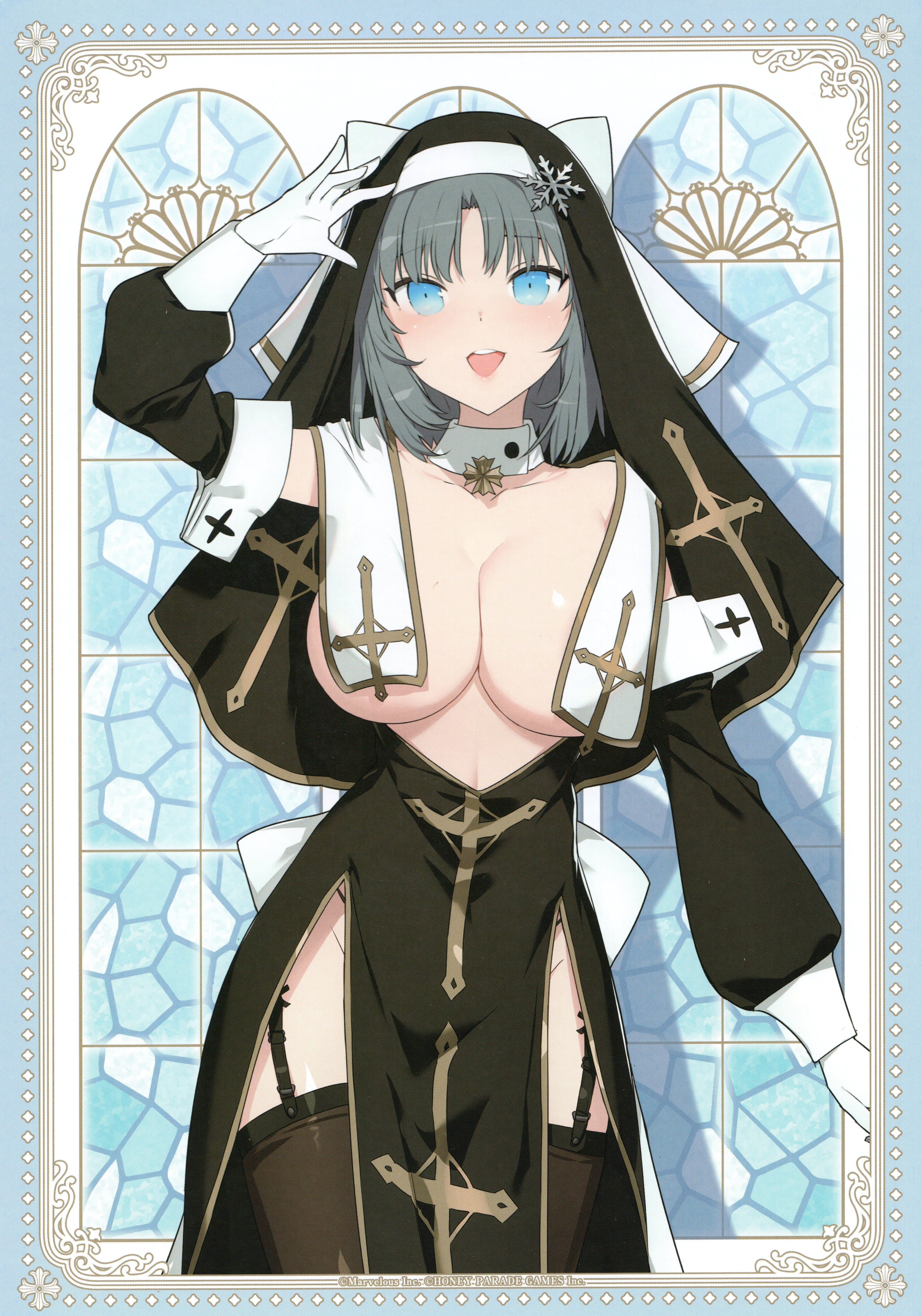 yaegashi nan, yumi (senran kagura), senran kagura, senran kagura new link, absurdres, highres, non-web source, official art, 1girl, arm at side, arm up, back bow, black dress, black panties, black thighhighs, black veil, blue eyes, bow, breast curtains, breasts, cleavage, coif, cross, detached sleeves, dress, garter straps, gloves, grey hair, hair bow, hair ornament, large breasts, light blush, long sleeves, looking at viewer, medium hair, no bra, nun, open mouth, panties, pelvic curtain, smile, snowflake hair ornament, solo, striped bow, thighhighs, underwear, veil, white bow, white gloves