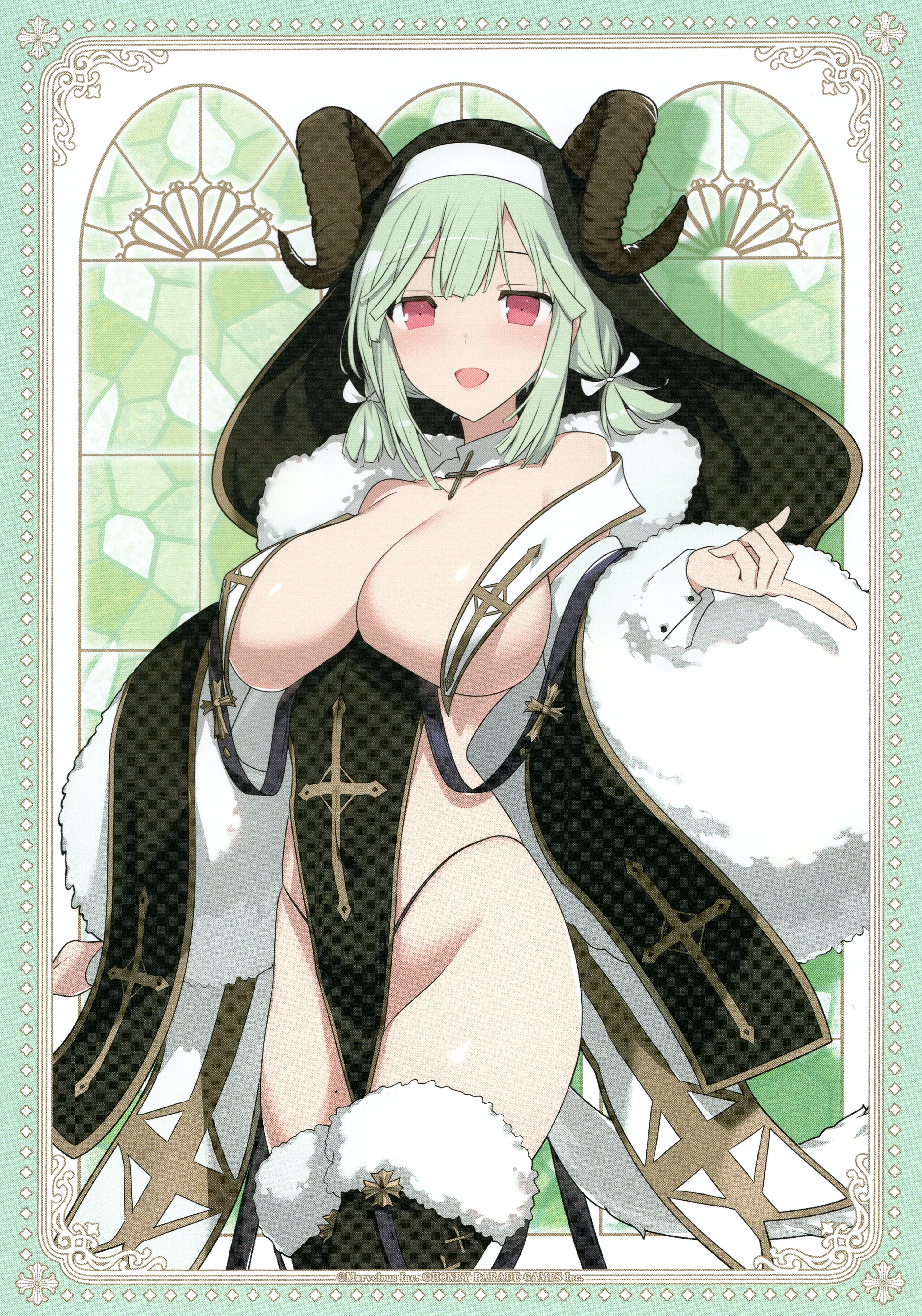 yaegashi nan, naraku (senran kagura), senran kagura, senran kagura new link, absurdres, highres, non-web source, official art, 1girl, black panties, black thighhighs, black veil, breast curtains, breasts, cleavage, coif, cross, cross necklace, curled horns, demon horns, down jacket, fur-trimmed thighhighs, fur trim, green hair, horns, jacket, jewelry, large breasts, light blush, looking at viewer, low twintails, medium hair, mole, mole on thigh, necklace, no bra, nun, open mouth, panties, pelvic curtain, short twintails, sidelocks, smile, solo, thighhighs, twintails, underwear, veil