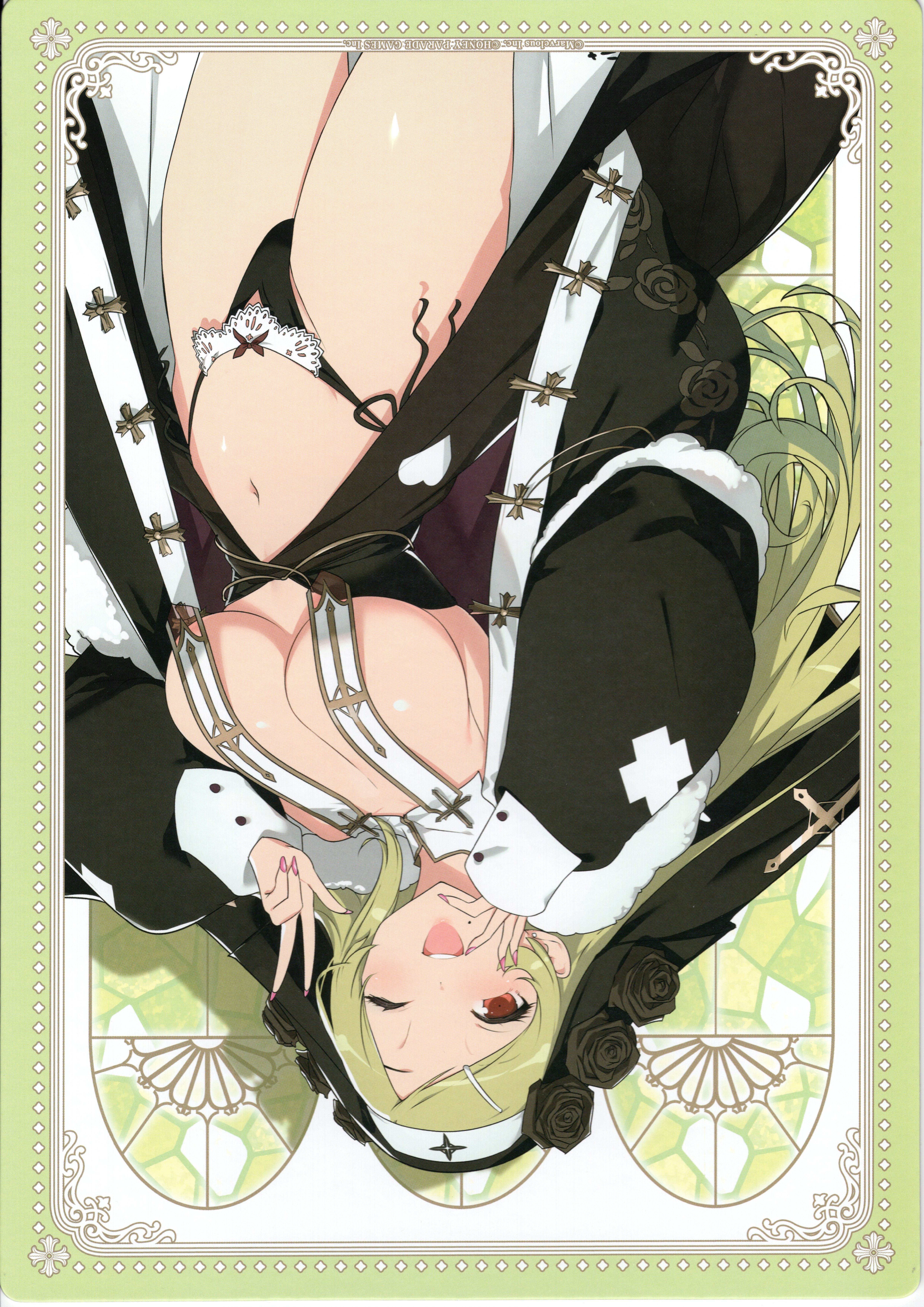 yaegashi nan, shiki (senran kagura), senran kagura, senran kagura new link, absurdres, highres, non-web source, official art, 1girl, black dress, black panties, black veil, blonde hair, breast curtains, breasts, cleavage, coif, covered erect nipples, cross, dress, earrings, exif rotation, frontless outfit, fur-trimmed jacket, fur trim, hair ornament, hairclip, hand on own face, jacket, jewelry, long hair, long sleeves, looking at viewer, mole, mole under mouth, navel, nun, one eye closed, open mouth, panties, panty cutout, pink nails, puffy long sleeves, puffy sleeves, red eyes, side-tie panties, smile, solo, stud earrings, traditional nun, underwear, v, veil