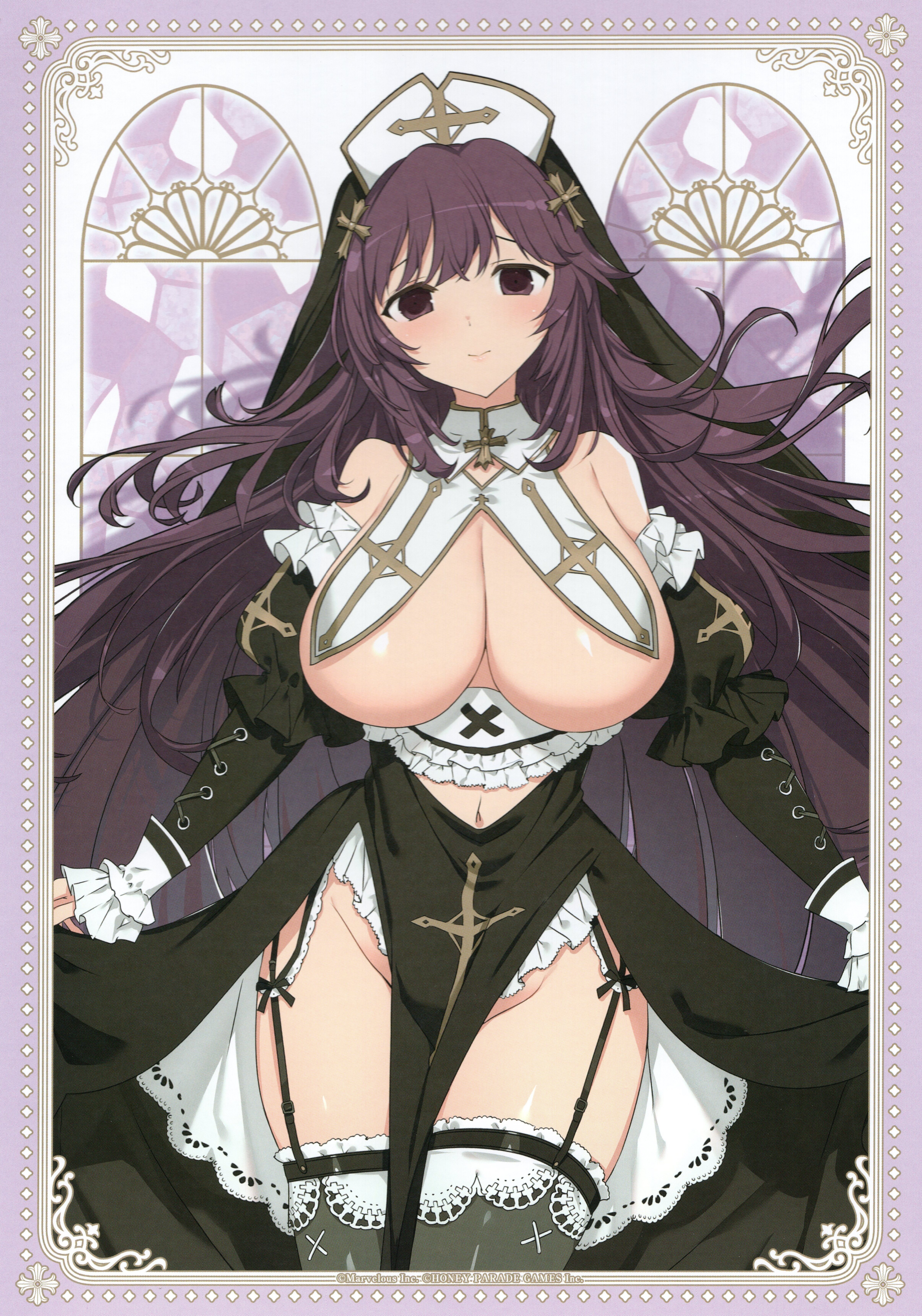 yaegashi nan, murasaki (senran kagura), senran kagura, senran kagura new link, absurdres, highres, non-web source, official art, 1girl, black thighhighs, black veil, breast curtains, breasts, cleavage, closed mouth, clothing cutout, coif, cross, curtsey, garter straps, huge breasts, light blush, long hair, long sleeves, looking at viewer, navel, navel cutout, no bra, no panties, nun, pelvic curtain, puffy long sleeves, puffy sleeves, purple eyes, purple hair, smile, solo, thighhighs, veil, very long hair