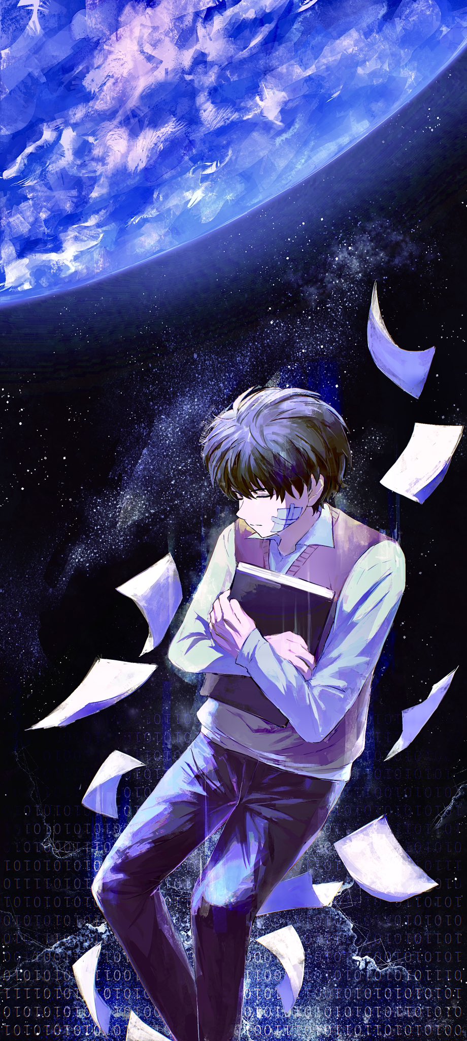 kim dokja, oldest dream, omniscient reader's viewpoint, highres, 1boy, 8d2suga9, bandaid, bandaid on face, binary, black hair, book, brown vest, closed eyes, earth (planet), feet out of frame, floating, flying paper, hugging object, knees apart feet together, male focus, paper, planet, shirt, short hair, solo, space, vest, white shirt