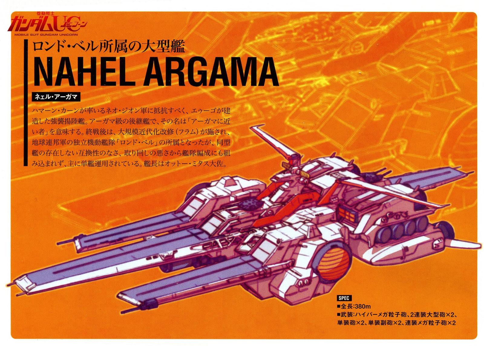 katoki hajime, nahel argama, gundam, gundam unicorn, highres, official art, translation request, beam cannon, character name, colored lineart, earth federation space forces, hatch, landing bay, machinery, missile pod, no humans, production art, radar dish, radio antenna, radome, redesign, science fiction, spacecraft, title, window