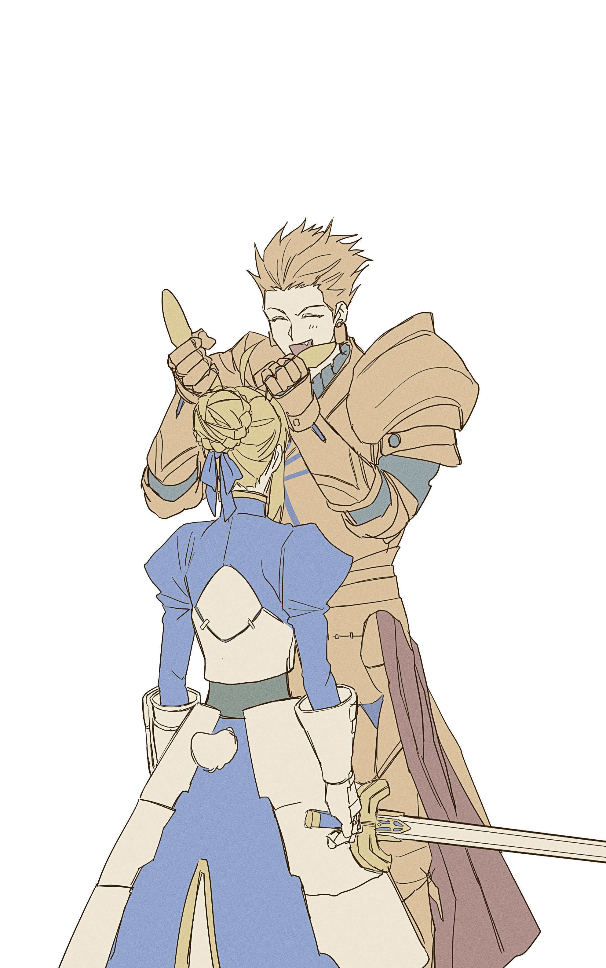 0304rong0304, artoria pendragon (fate), gilgamesh (fate), saber (fate), fate/stay night, fate (series), absurdres, commentary request, highres, korean commentary, 1boy, 1girl, animal ears, armor, armored dress, blonde hair, blue dress, braid, bun with braided base, closed eyes, dress, earrings, excalibur (fate/stay night), fang, gauntlets, gold armor, grabbing another's ear, hair bun, hair ribbon, hand on another's ear, height difference, holding, holding sword, holding weapon, jewelry, juliet sleeves, kemonomimi mode, long dress, long sleeves, puffy sleeves, rabbit ears, rabbit girl, rabbit tail, ribbon, single hair bun, sword, tail, weapon
