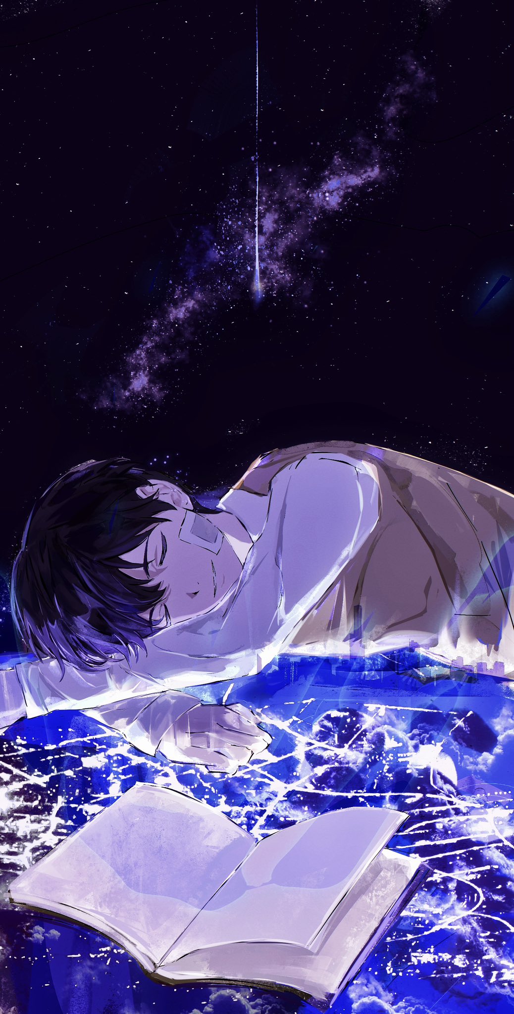 kim dokja, oldest dream, omniscient reader's viewpoint, highres, 1boy, 8d2suga9, bandage on face, bandages, black hair, book, brown vest, closed eyes, comet, glowing, head rest, lying, male focus, on side, open book, shirt, short hair, sleeping, solo, space, underlighting, upper body, vest, white shirt