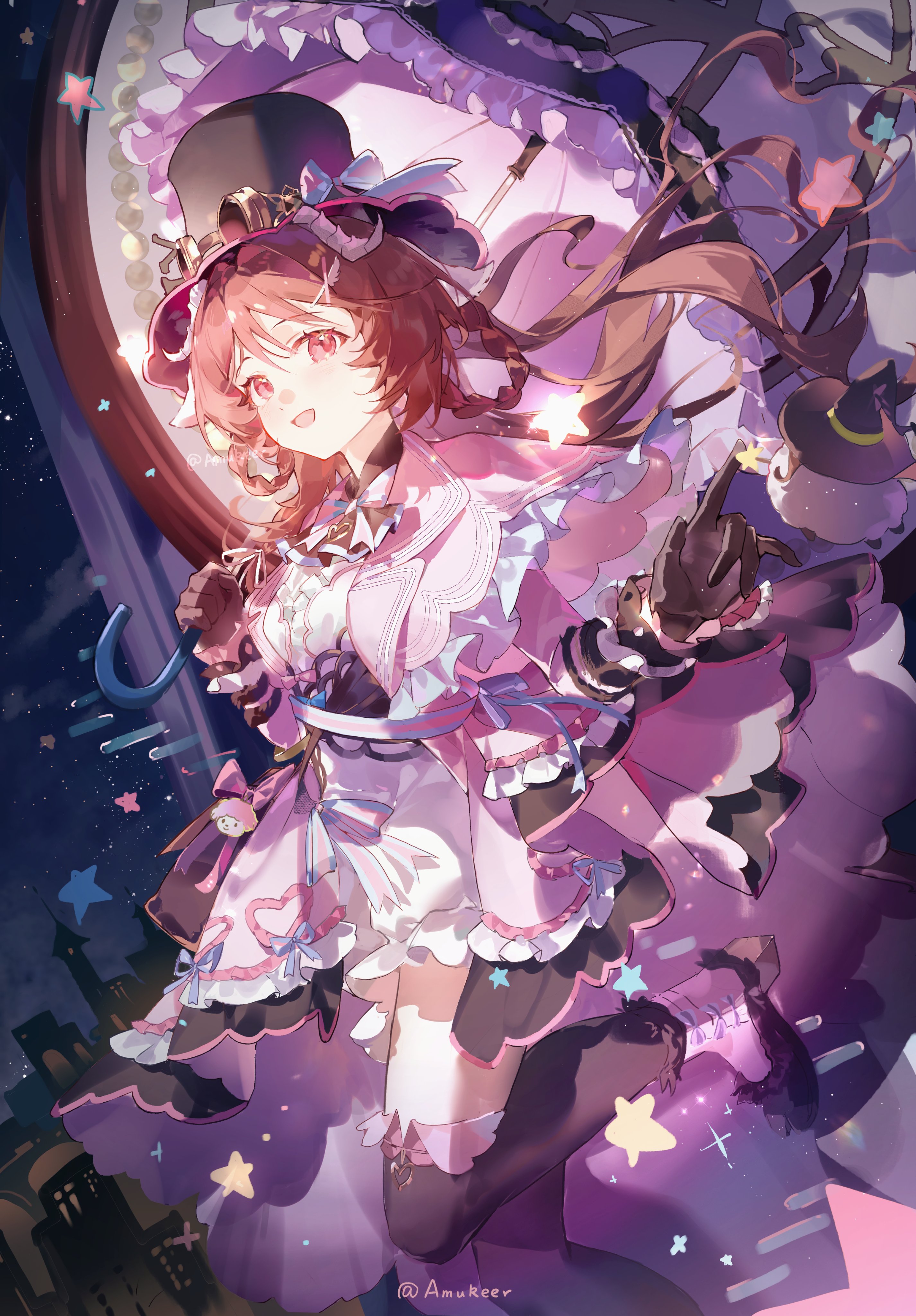 amukeer, eyjafjalla (arknights), arknights, absurdres, highres, 1girl, :d, animal ears, black gloves, boots, brown hair, center frills, dress, frills, gloves, hat, holding, holding umbrella, horns, jacket, long hair, looking at viewer, official alternate costume, open mouth, pink eyes, pink jacket, sheep ears, sheep girl, sheep horns, sky, smile, solo, star (symbol), thighhighs, top hat, umbrella, white dress, witch hat