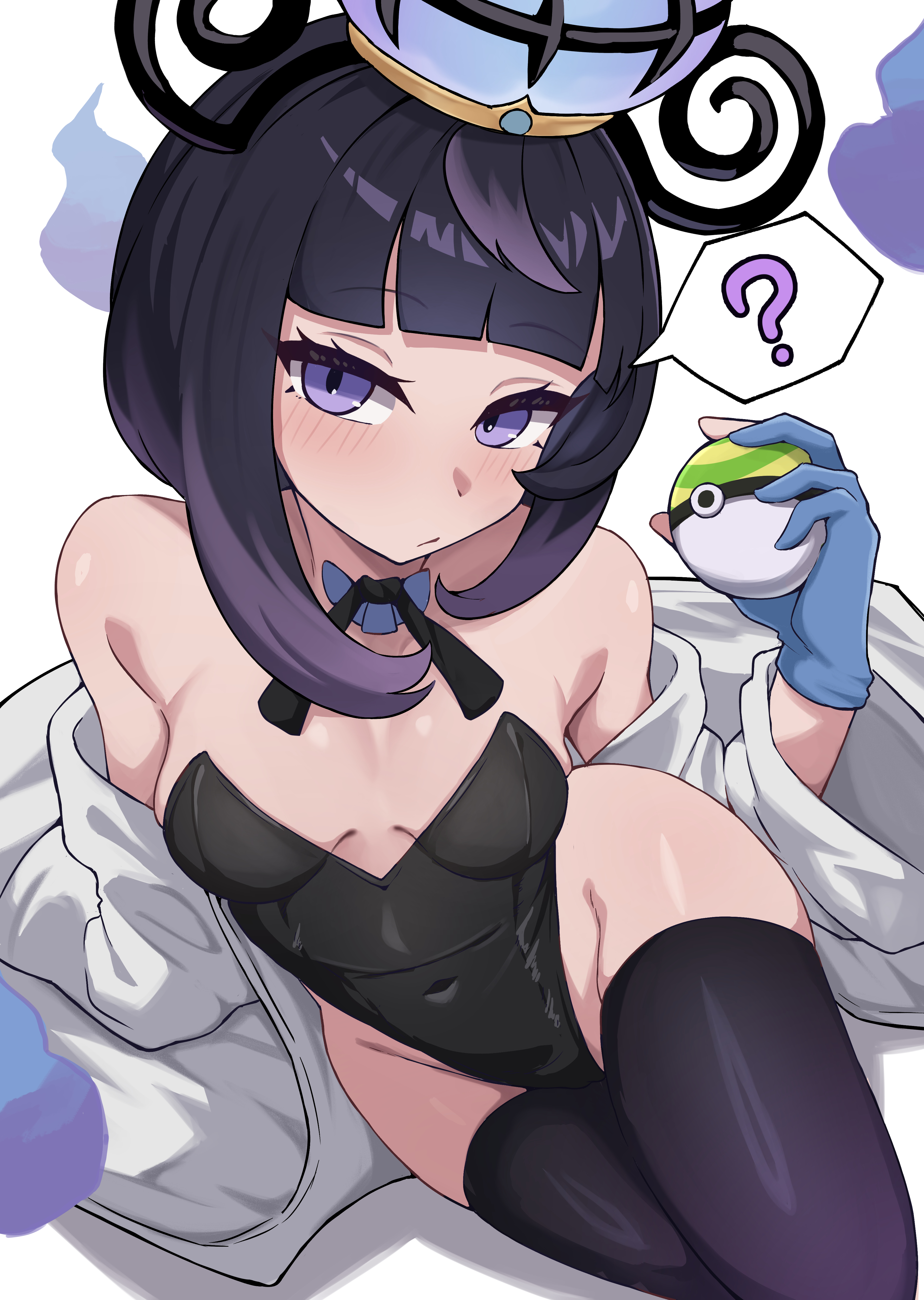 hashira 14, gwynn (pokemon), nintendo, pokemon, pokemon legends: z-a, absurdres, highres, alternate costume, coat, playboy bunny, purple eyes, purple hair, short hair, thighs, white coat