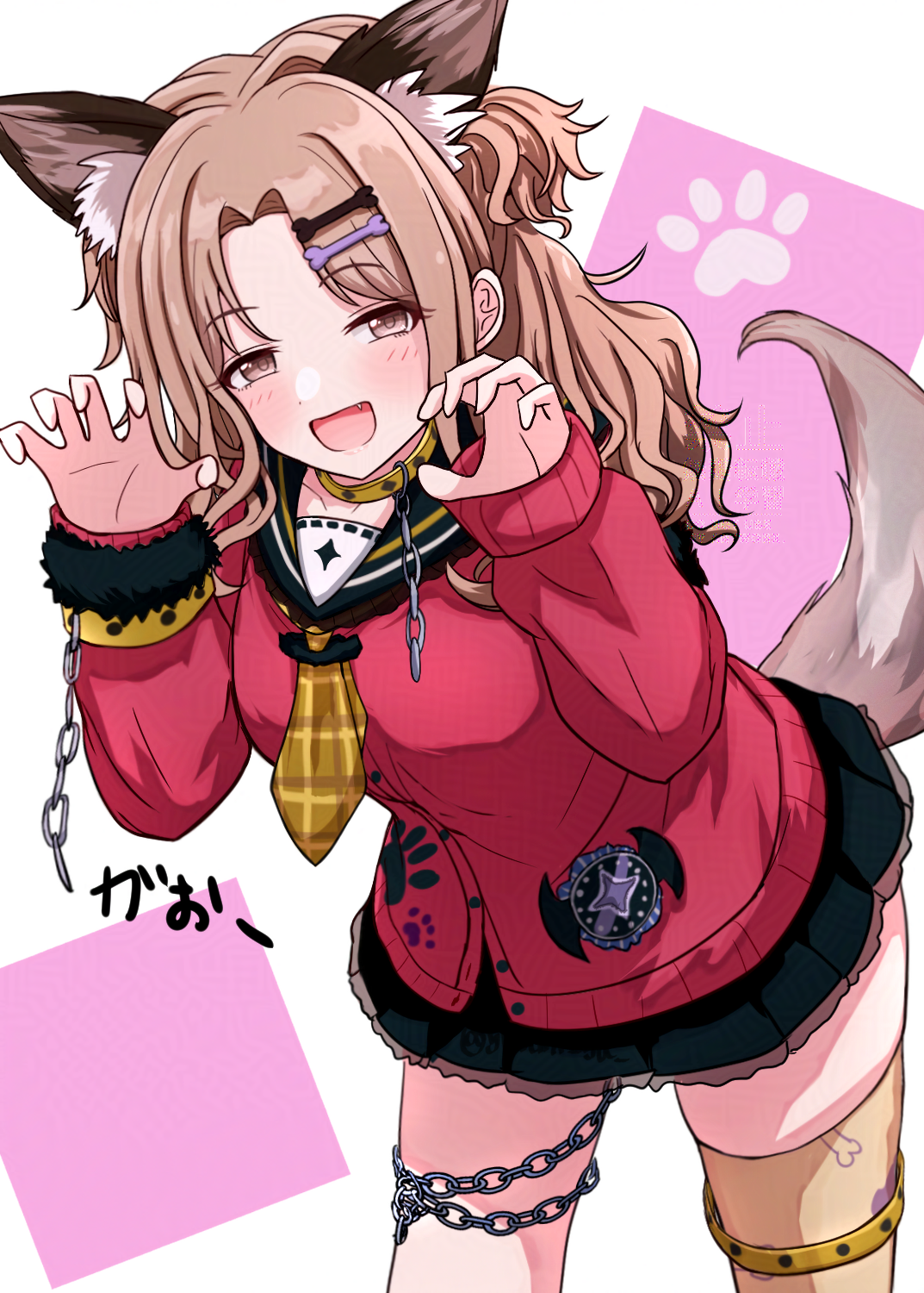 hyu-kya, ichikawa hinana, idolmaster, idolmaster shiny colors, commentary request, highres, 1girl, animal ear fluff, animal ears, asymmetrical legwear, black skirt, blush, brown hair, cardigan, claw pose, curtained hair, dog ears, dog girl, dog tail, fang, halloween costume, hands up, kemonomimi mode, looking at viewer, miniskirt, paw print, pleated skirt, red cardigan, skirt, smile, solo, tail, tail under clothes