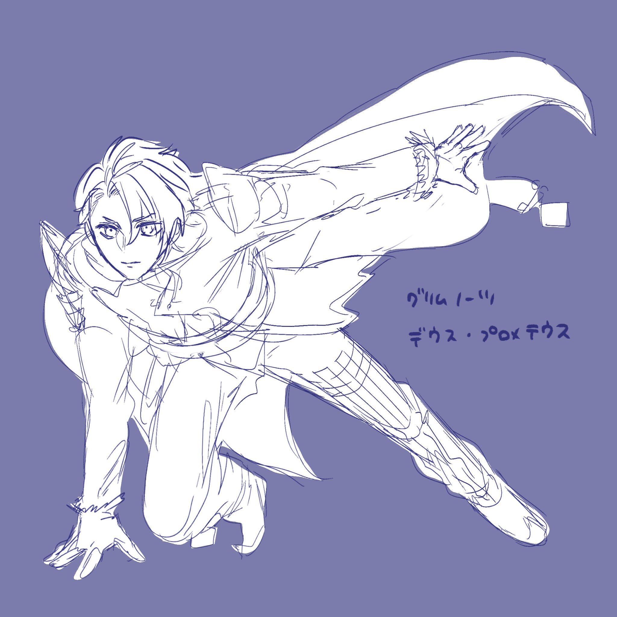 deus prometheus (grimms notes), grimms notes, highres, 1boy, blue background, cape, closed mouth, coat, full body, male focus, short hair, simple background, sketch, solo, spiked hair