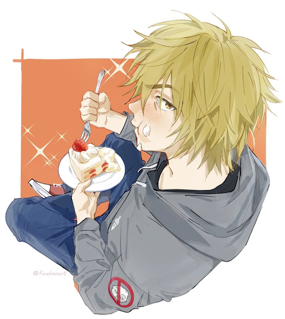furehana, thorfinn, vinland saga, highres, 1boy, blonde hair, brown eyes, cake, chewing, contemporary, eating, eyebrows hidden by hair, food, food on face, fork, fruit, holding, holding fork, holding plate, hood, hoodie, looking at viewer, male focus, messy hair, plate, shoes, solo, strawberry, twitter username