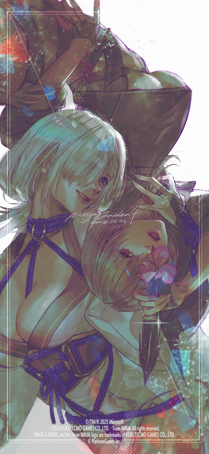 nishii tomoko, ayane (doa), seori (ninja gaiden), ninja gaiden, ninja gaiden 4, highres, 2girls, black jacket, blue eyes, breasts, cleavage, dress, eyeshadow, flower, jacket, japanese clothes, kimono, kunai, large breasts, makeup, miko, multiple girls, ninja, nontraditional miko, obijime, open clothes, parted lips, purple flower, red eyes, red eyeshadow, red lips, rope, sash, shibari, short hair, smile, teeth, underboob, weapon, white dress, white hair, white kimono