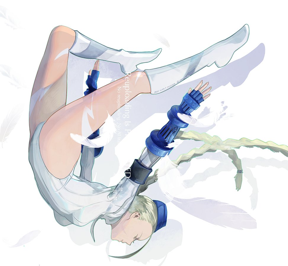cofffee, cammy white, street fighter, street fighter ii (series), 1girl, alternate color, armband, beret, bird, black armband, blonde hair, blue gloves, blue hat, bodypaint, boots, braid, breasts, closed mouth, dated, fingerless gloves, full body, garrison cap, gloves, hat, highleg, highleg leotard, leotard, long hair, medium breasts, ribbed leotard, solo, thighs, twin braids, twitter username, white background, white boots, white leotard