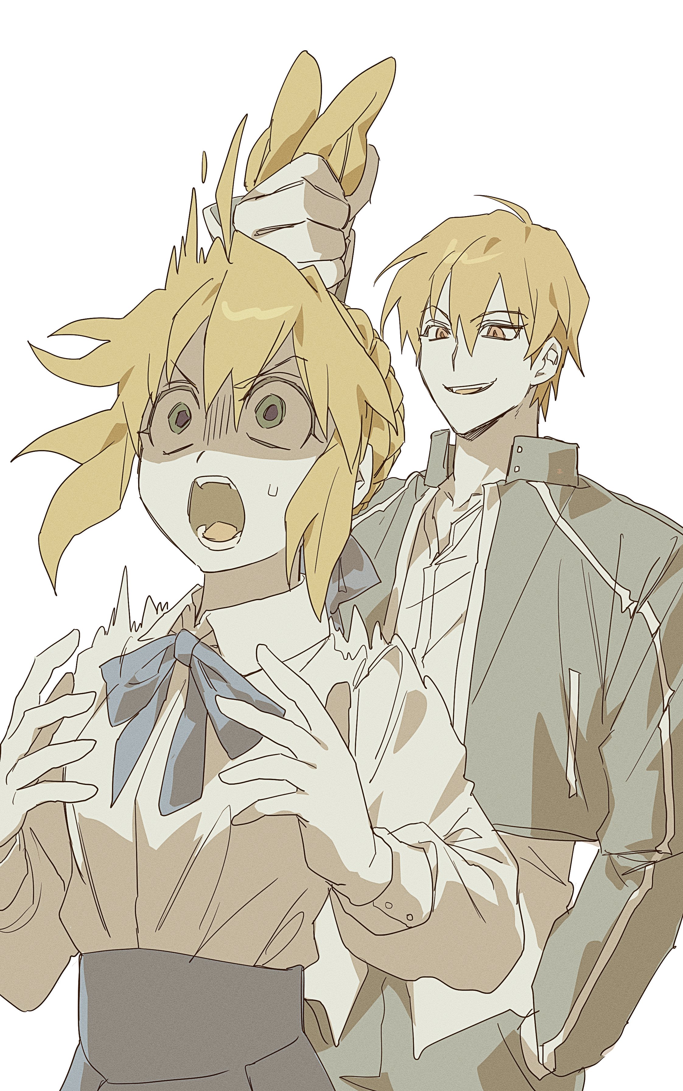 0304rong0304, artoria pendragon (fate), gilgamesh (fate), gilgamesh (immoral biker jacket) (fate), saber (fate), fate/stay night, fate (series), absurdres, commentary request, highres, korean commentary, animal ears, black jacket, blonde hair, blue eyes, braid, extra ears, grabbing another's ear, hand in pocket, hand on another's ear, jacket, kemonomimi mode, rabbit ears, rabbit girl, shaded face, shirt, surprised, sweatdrop, untucked shirt, white shirt, yellow eyes