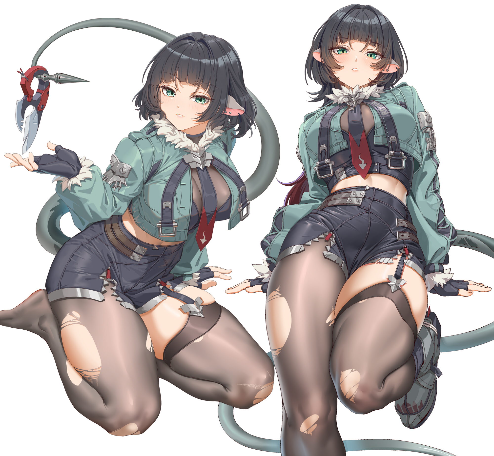 fangxiang cuoluan, jane doe (zenless zone zero), zenless zone zero, highres, 1girl, animal ears, black gloves, black hair, black shorts, breasts, fingerless gloves, gloves, green eyes, green jacket, jacket, large breasts, long hair, looking at viewer, mouse ears, mouse tail, multiple views, pantyhose, parted lips, shorts, simple background, single leg pantyhose, single thighhigh, skindentation, tail, thighhighs, thighs, torn clothes, torn pantyhose, torn thighhighs, white background