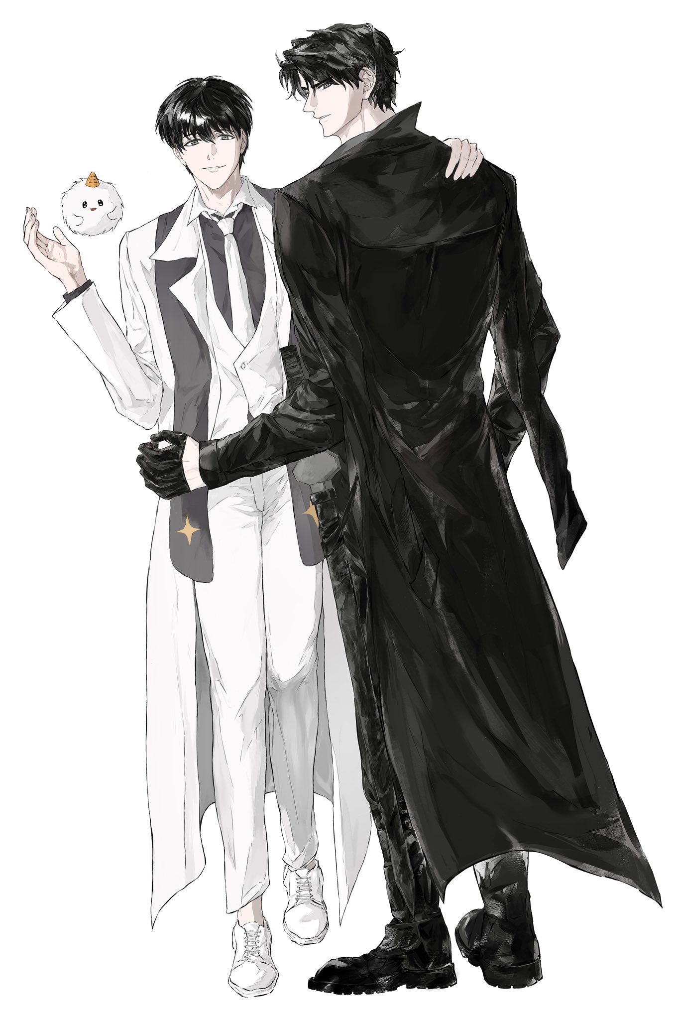 biyoo (omniscient reader's viewpoint), kim dokja, yoo joonghyuk, omniscient reader's viewpoint, highres, 2boys, 8d2suga9, animal, black coat, black gloves, black hair, black scarf, black shirt, boots, coat, collar, collared shirt, full body, gloves, hand on another's shoulder, hand on another's waist, hand up, looking at viewer, male focus, multiple boys, open clothes, open coat, popped collar, scarf, shirt, short hair, vest, white coat, white collar, white vest