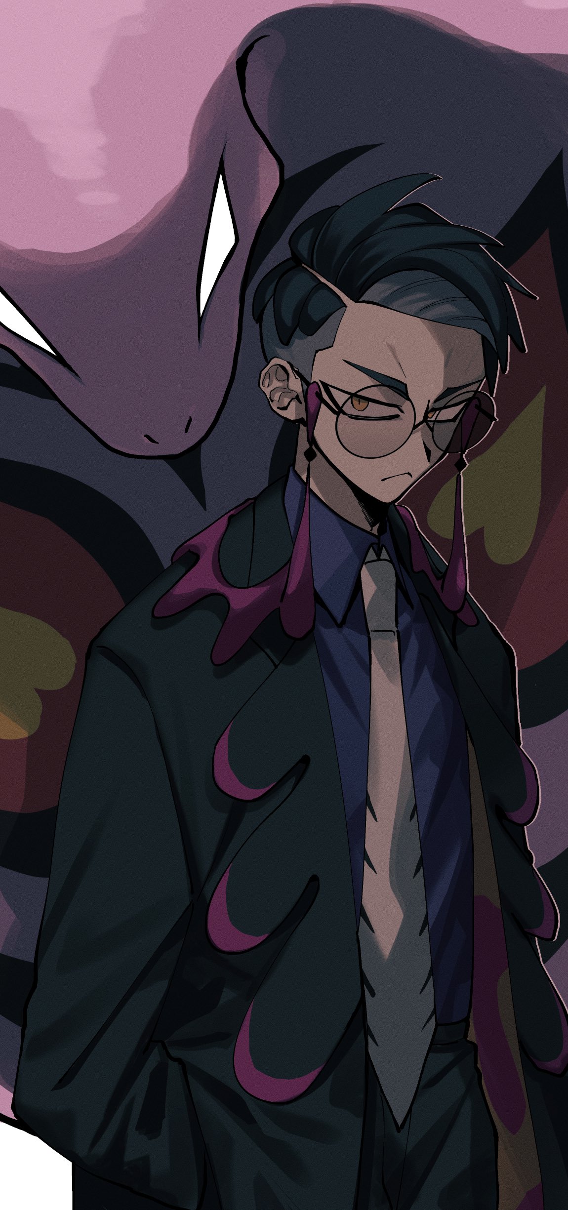 44nnn, arbok, corbeau (pokemon), nintendo, pokemon, pokemon legends: z-a, absurdres, commentary request, highres, 1boy, black coat, black pants, closed mouth, coat, collared shirt, frown, gen 1 pokemon, glasses, hand in pocket, lapels, long sleeves, looking at viewer, male focus, necktie, pants, parted hair, pokemon (creature), purple shirt, rimless eyewear, round eyewear, shirt, shirt tucked in, undercut, white necktie, wing collar, yellow eyes