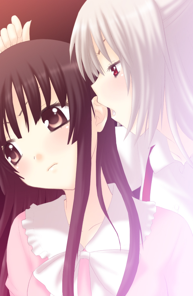 saki chisuzu, fujiwara no mokou, houraisan kaguya, touhou, biting ear, 2girls, biting, female focus, multiple girls, yuri