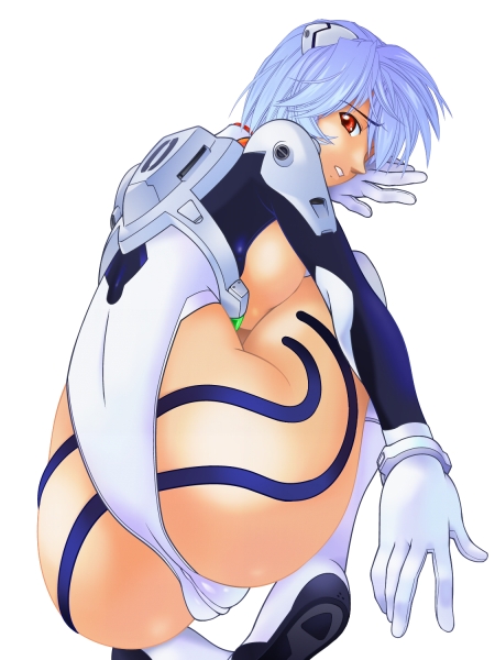 protonsaurus, ayanami rei, neon genesis evangelion, pilot suit, 1girl, adapted costume, alternate breast size (larger), ass, blue hair, boots, breast press, breasts, breasts out, cameltoe, female focus, from below, full body, gloves, hair ornament, highleg, highleg leotard, large breasts, leotard, looking at viewer, looking back, mecha pilot suit, parted lips, plugsuit (evangelion), profile, red eyes, short hair, sideboob, solo, squatting, thighhighs, white boots, white thighhighs