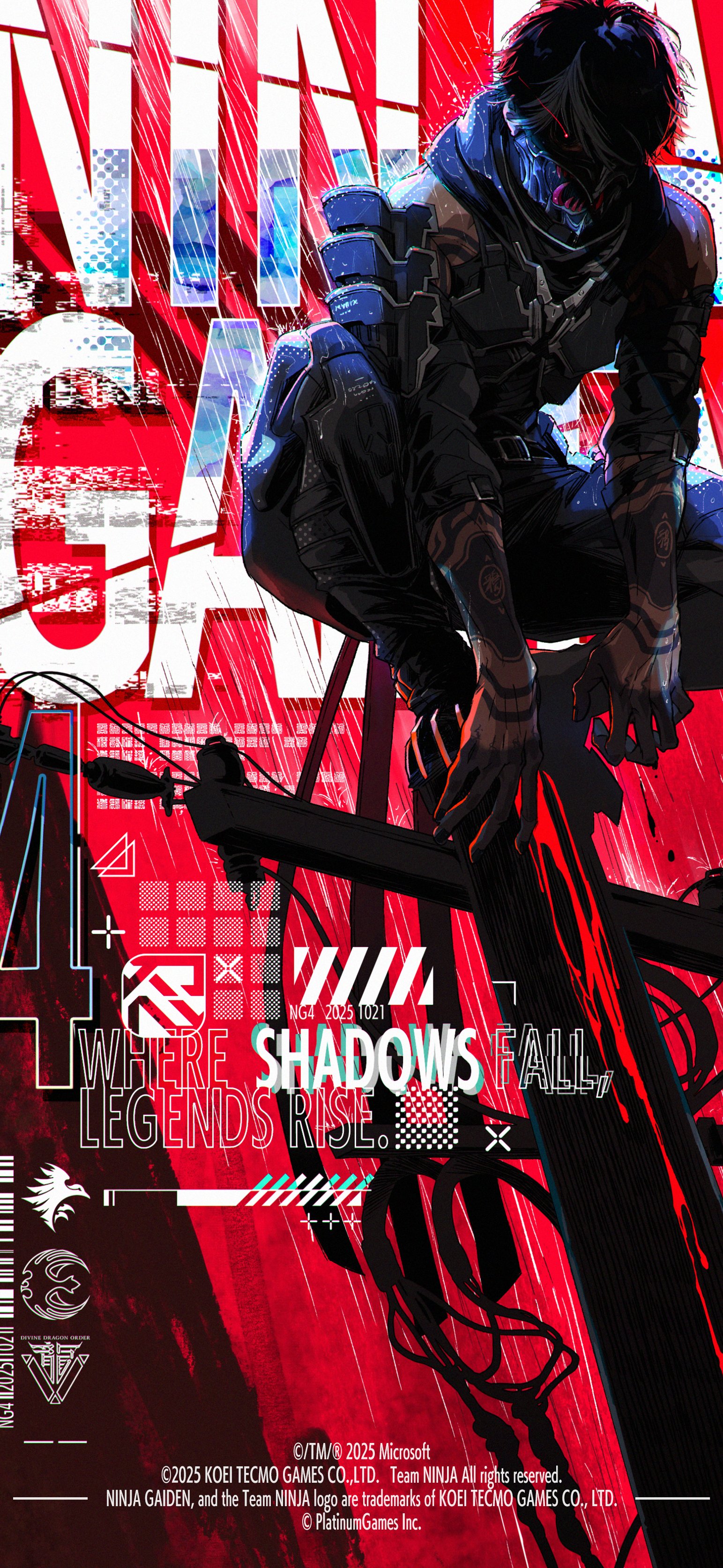 nishii tomoko, yakumo (ninja gaiden), ninja gaiden, ninja gaiden 4, absurdres, highres, 1boy, arm tattoo, armor, bare shoulders, belt, black armor, black hair, black pants, black scarf, blood, cable, fangs, hand tattoo, kneeling, looking at viewer, male focus, mask, mouth mask, multicolored hair, ninja, pants, rain, red eyes, scarf, short hair, shoulder armor, shoulder plates, solo, tattoo, text background, white hair