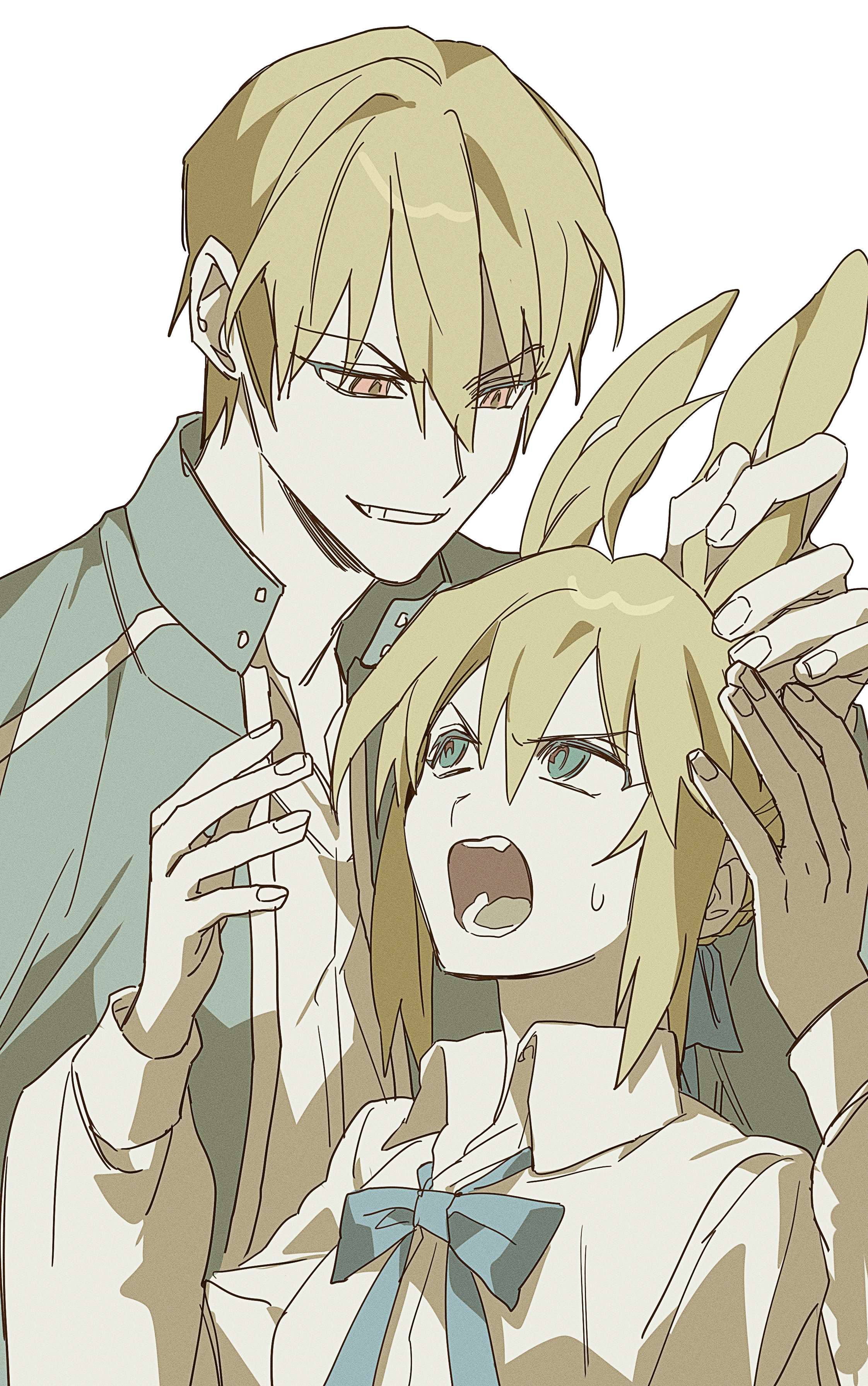 0304rong0304, artoria pendragon (fate), gilgamesh (fate), gilgamesh (immoral biker jacket) (fate), saber (fate), fate/stay night, fate (series), absurdres, commentary request, highres, korean commentary, 1boy, 1girl, animal ears, black jacket, blonde hair, blue eyes, extra ears, grabbing another's ear, grin, hand on another's ear, height difference, jacket, kemonomimi mode, rabbit ears, rabbit girl, red eyes, smile, sweatdrop