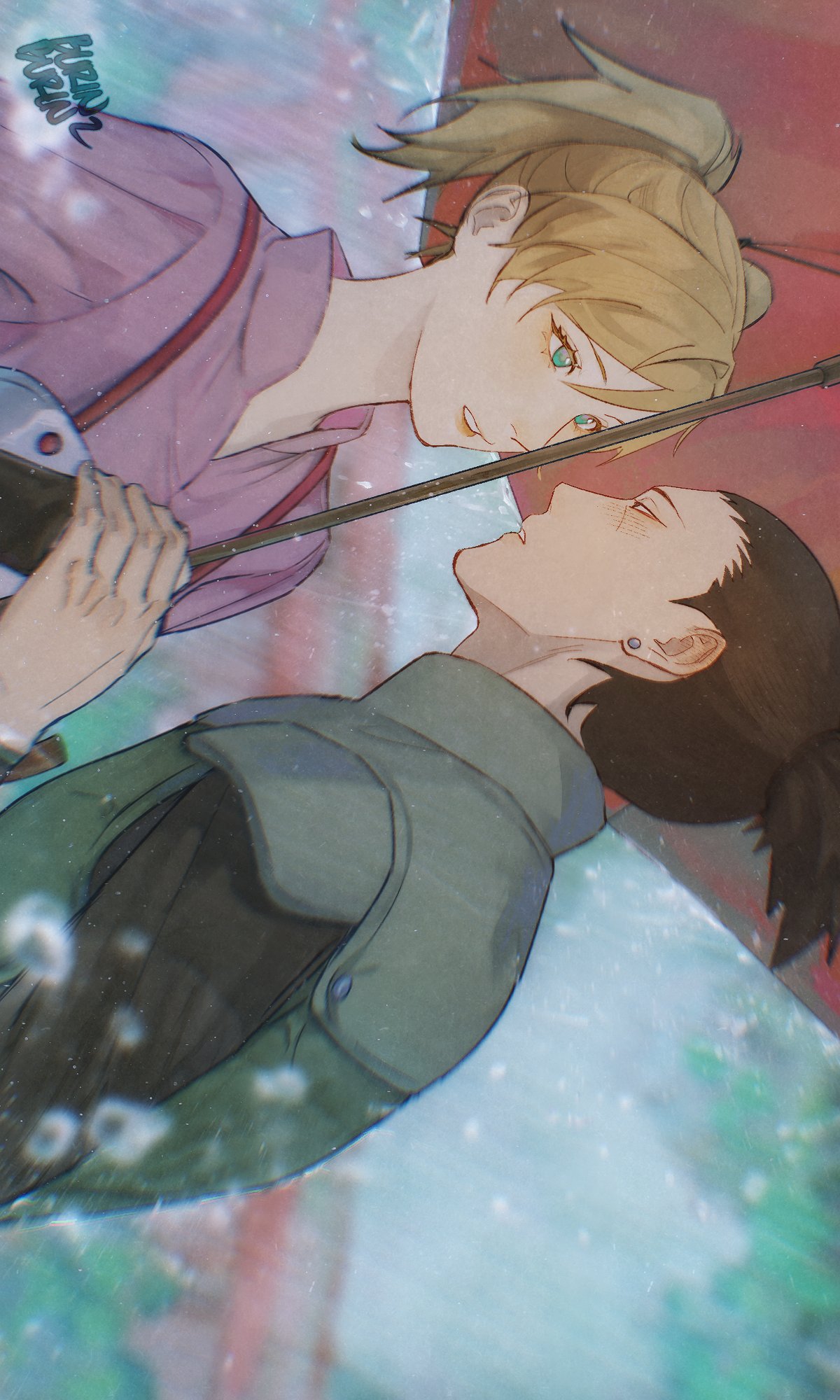 burin burin, nara shikamaru, temari (naruto), naruto (series), naruto shippuuden, highres, 1boy, 1girl, black hair, black shirt, blonde hair, blue eyes, couple, earrings, green vest, hair between eyes, hetero, holding, holding umbrella, jewelry, looking at another, parted lips, pink shirt, ponytail, rain, shirt, short hair, short ponytail, twintails, umbrella, upper body, vest