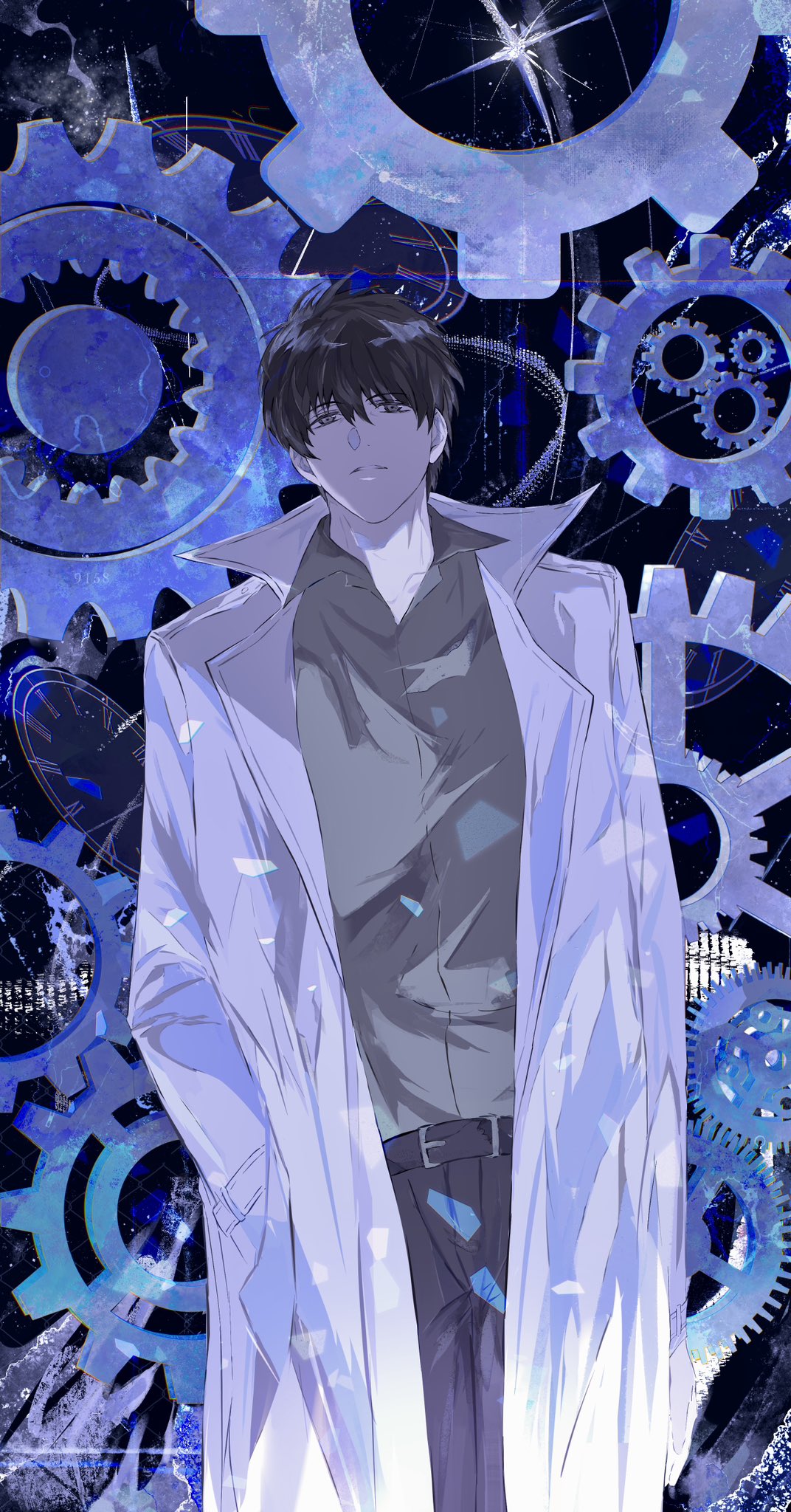 kim dokja, omniscient reader's viewpoint, highres, 1boy, 8d2suga9, black eyes, black hair, black shirt, blue theme, coat, collared shirt, cowboy shot, gears, hands in pockets, head tilt, male focus, open clothes, open coat, parted lips, popped collar, shirt, short hair, solo, sparkle, underlighting, white coat