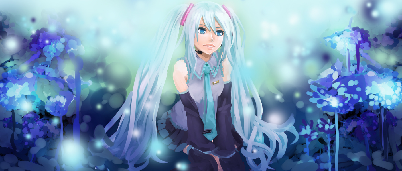 hatsune miku, vocaloid, bad id, bad pixiv id, 1girl, bare shoulders, black skirt, blue hair, blue theme, collared shirt, detached sleeves, female focus, flower, glowing, grey shirt, hair ornament, headphones, headset, long hair, looking afar, microphone, miniskirt, necktie, pleated skirt, shirt, sitting, skirt, sleeves past wrists, solo, thighhighs, twintails, upper body, very long hair