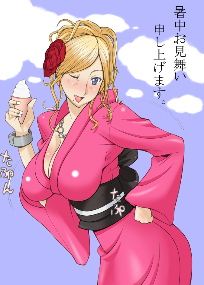 kashi (pixiv37139), original, translated, 1girl, blonde hair, blue eyes, breasts, cleavage, female focus, flower, food, ice cream, japanese clothes, large breasts, mole, mole under mouth, one eye closed, rose, solo, wink