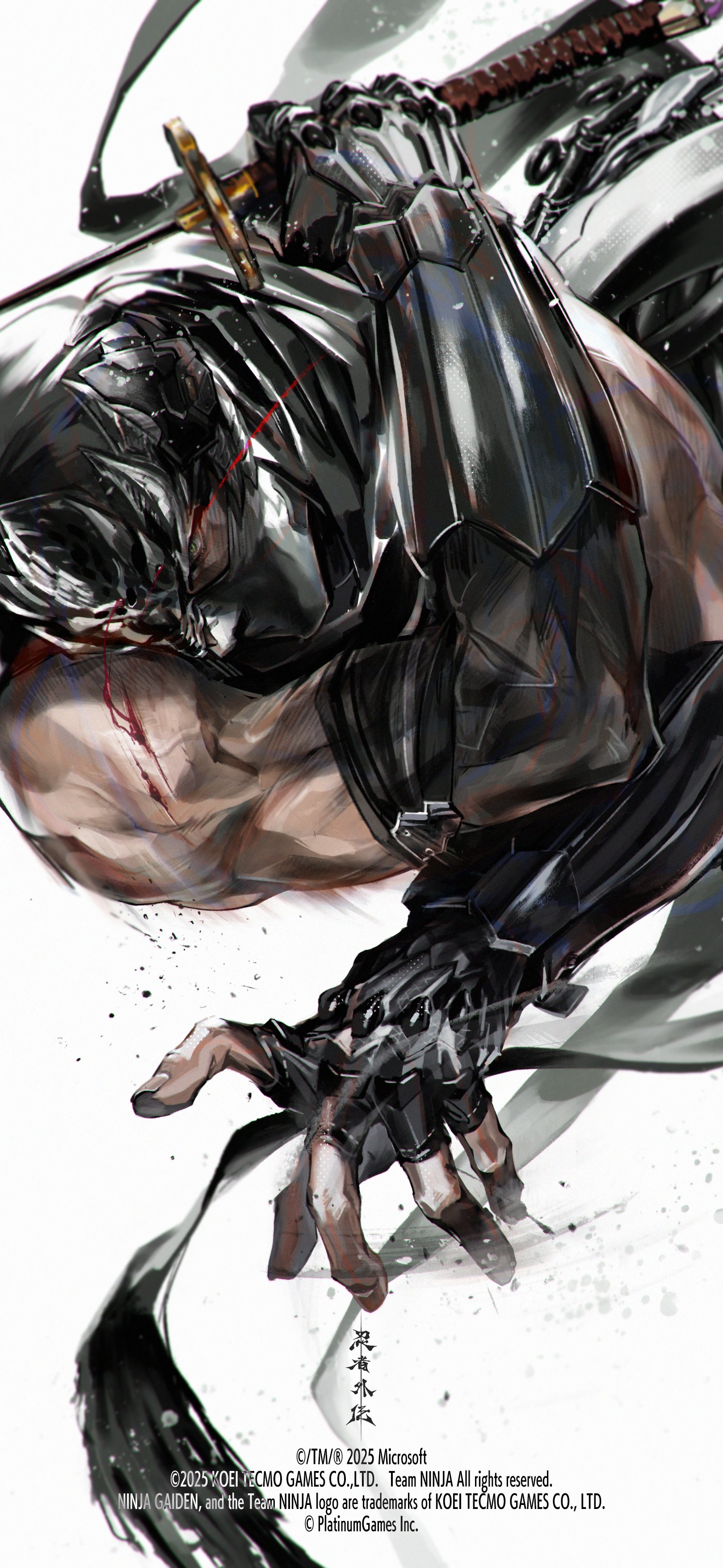 nishii tomoko, ryu hayabusa, ninja gaiden, ninja gaiden 4, absurdres, highres, 1boy, arm guards, armor, bare shoulders, black gloves, black scarf, bleeding, blood, blood on face, bloody tears, cuts, dragon sword, dynamic pose, fingerless gloves, gloves, green eyes, holding, holding sword, holding weapon, incoming attack, injury, jumping, katana, kunai, male focus, mask, mouth mask, muscular, muscular male, ninja, ninja mask, scarf, serious, solo, sword, weapon, white background