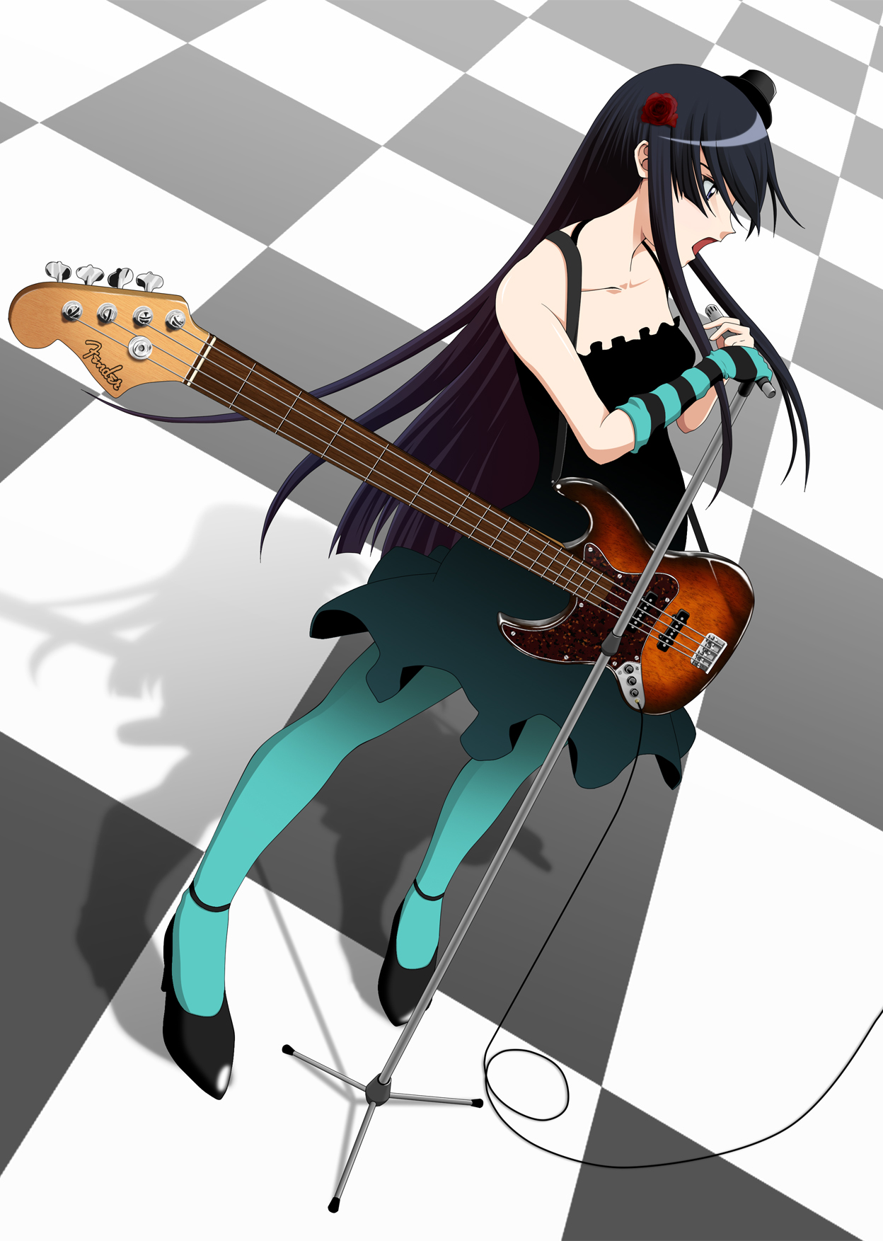 tachibana rin, akiyama mio, don't say "lazy", k-on!, highres, 00s, 1girl, bass guitar, blue pantyhose, female focus, hat, instrument, mini hat, mini top hat, pantyhose, solo, top hat