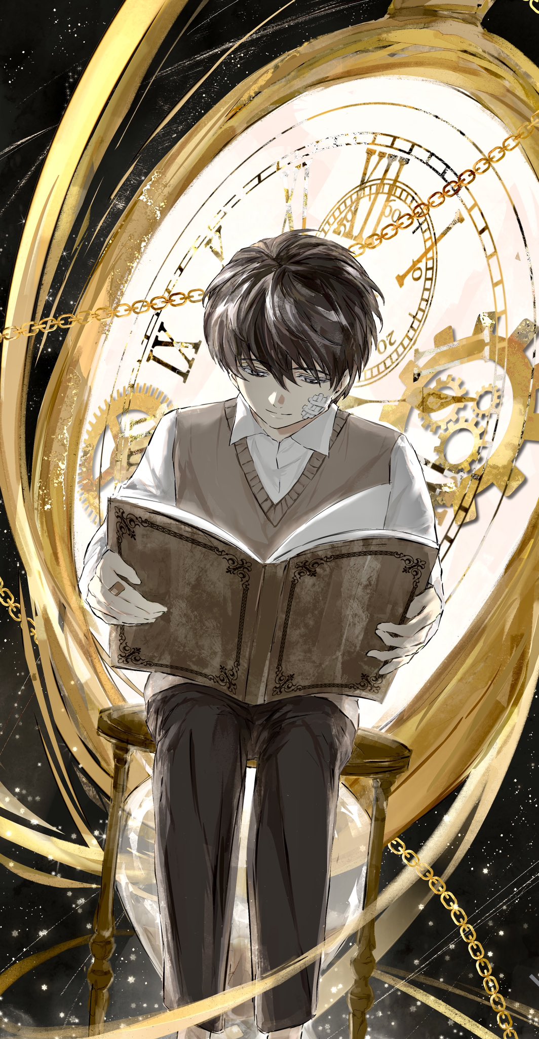 kim dokja, oldest dream, omniscient reader's viewpoint, highres, 1boy, 8d2suga9, bandage on face, bandages, black eyes, black hair, book, brown vest, collared shirt, feet out of frame, gears, holding, holding book, male focus, open book, roman numeral, shirt, short hair, sitting, sky, smile, solo, space, star (sky), starry sky, stool, stopwatch, vest, watch, white shirt