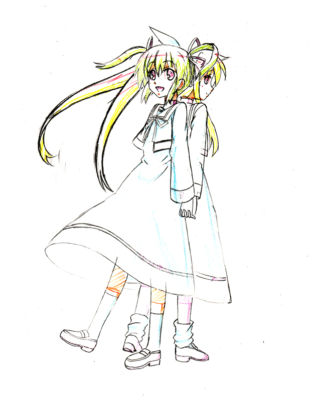 h-new, fate testarossa, takamachi nanoha, lyrical nanoha, mahou shoujo lyrical nanoha, 00s, 2girls, back-to-back, dress, full body, holding hands, long sleeves, looking at viewer, multiple girls, school uniform, simple background, standing, twintails, white background, white dress
