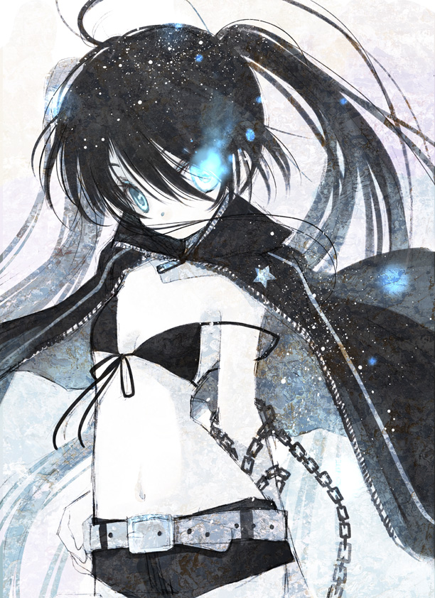 hato rami, black rock shooter (character), black rock shooter, vocaloid, 10s, 1girl, belt, bikini, bikini top only, black bikini, black hair, blue eyes, cape, chain, female focus, flat chest, glowing, glowing eyes, hand on own hip, hip focus, long hair, midriff, monochrome, pale skin, short shorts, shorts, solo, spot color, strap slip, swimsuit, twintails, very long hair, wind