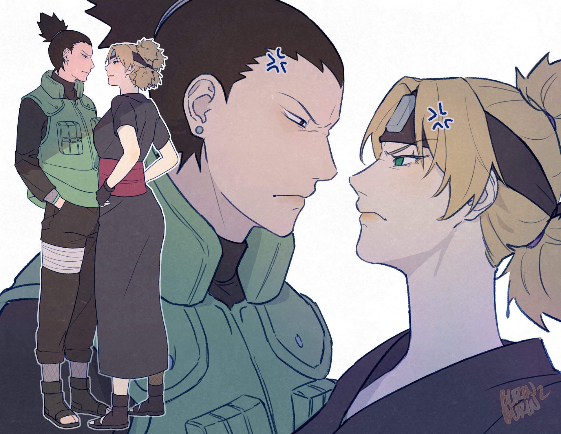 burin burin, nara shikamaru, temari (naruto), naruto (series), naruto shippuuden, highres, 1boy, 1girl, anger vein, artist name, bandaged leg, bandages, black boots, black gloves, black hair, black pants, black robe, black shirt, blonde hair, blue eyes, boots, breasts, earrings, fingerless gloves, fishnet socks, fishnets, frown, full body, furrowed brow, gloves, green vest, hand in pocket, jewelry, looking at viewer, medium breasts, open-toe boots, pants, ponytail, quad tails, robe, shirt, short hair, short ponytail, socks, upper body, vest, white background