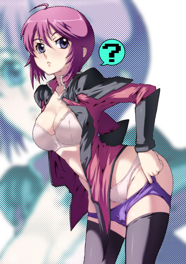 caryo, tabigarasu, lunamaria hawke, gundam, gundam seed, gundam seed destiny, bad id, bad pixiv id, 00s, 1girl, ?, ahoge, bra, breasts, dressing, female focus, leaning forward, lingerie, medium breasts, panties, purple eyes, red hair, solo, thighhighs, underwear