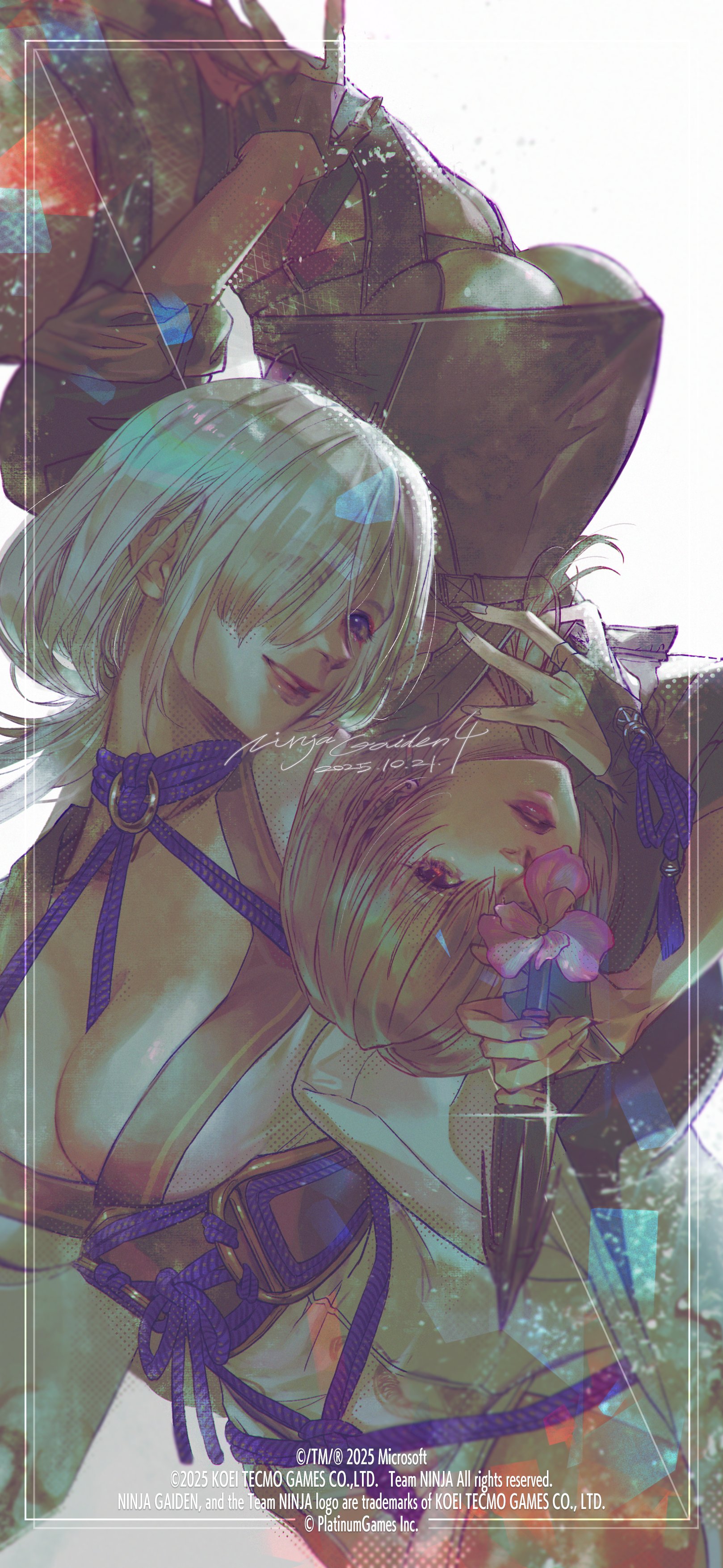 nishii tomoko, ayane (doa), seori (ninja gaiden), ninja gaiden, ninja gaiden 4, absurdres, highres, 2girls, black jacket, blue eyes, breasts, cleavage, dress, eyeshadow, flower, jacket, japanese clothes, kimono, kunai, large breasts, makeup, miko, multiple girls, ninja, nontraditional miko, obijime, open clothes, parted lips, purple flower, red eyes, red eyeshadow, red lips, rope, sash, shibari, short hair, smile, teeth, underboob, weapon, white dress, white hair, white kimono