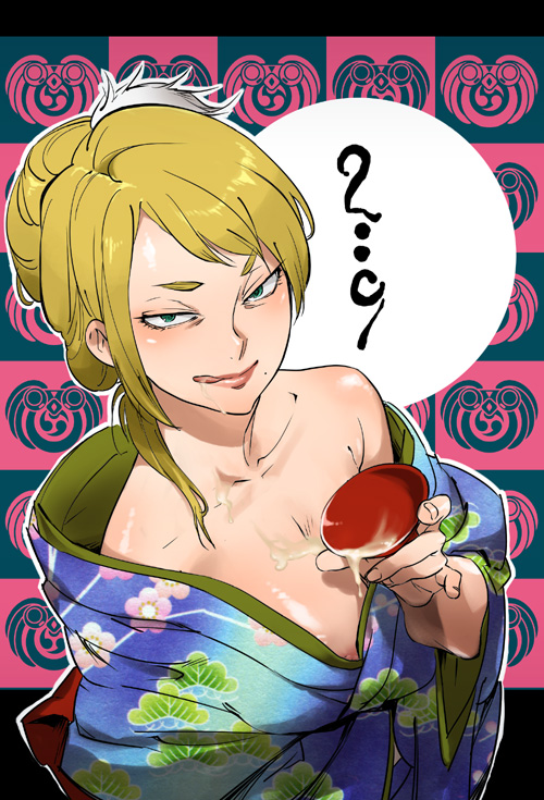 nanboku, adette kistler, overman king gainer, 00s, 1girl, blonde hair, cum, cum on body, facial, female focus, flat chest, green eyes, japanese clothes, kimono, nipple slip, nipples, off shoulder, solo
