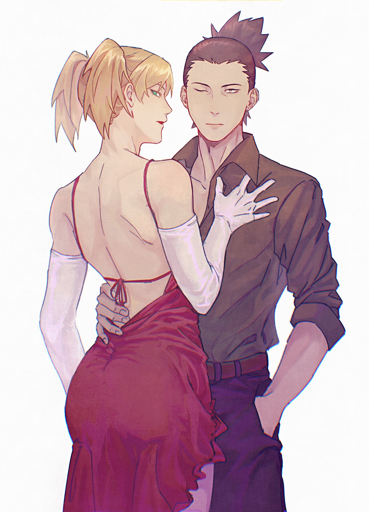 burin burin, nara shikamaru, temari (naruto), naruto (series), naruto shippuuden, highres, 1boy, 1girl, alternate costume, arm around waist, backless dress, backless outfit, bare shoulders, belt, black hair, black pants, blonde hair, blue eyes, brown belt, collared shirt, couple, cowboy shot, dress, elbow gloves, flamenco dress, frilled dress, frills, gloves, grey shirt, hand in pocket, hand on another's chest, hetero, long dress, one eye closed, pants, ponytail, red dress, red lips, shirt, short hair, short ponytail, twintails, white background, white gloves