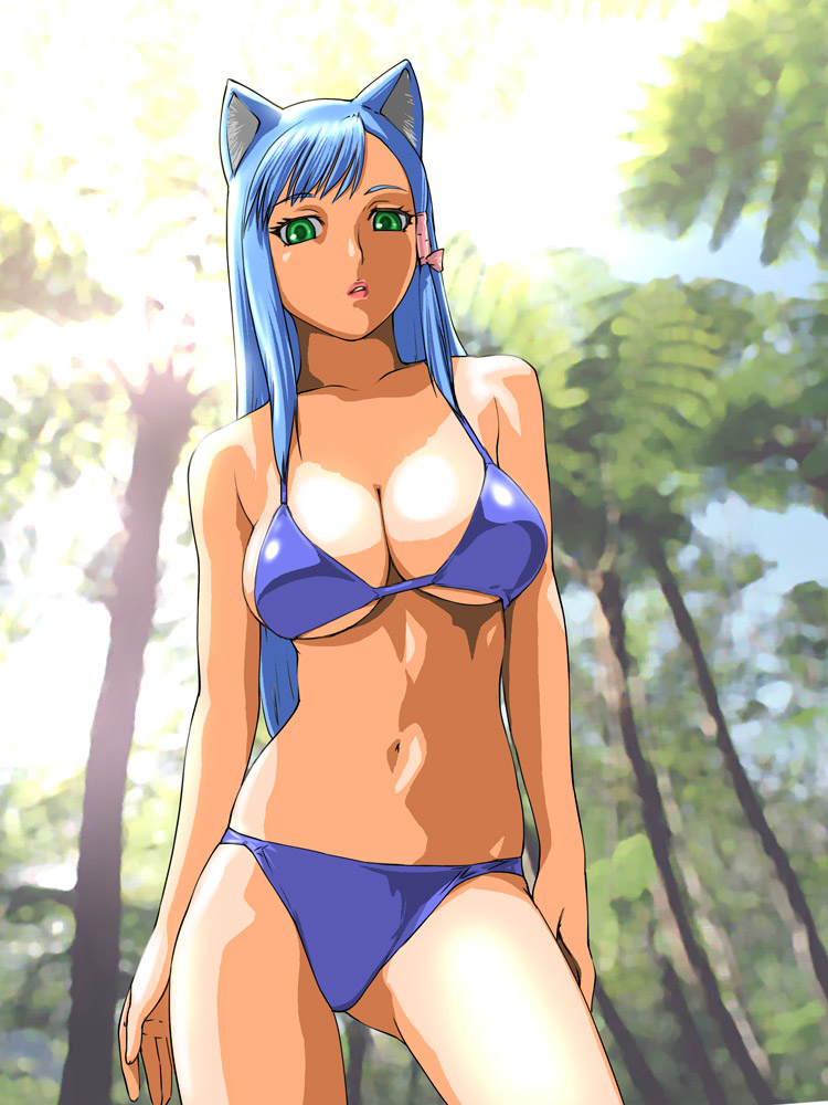 ueyama michirou, tagme, animal ears, bikini, blue bikini, blue hair, cat ears, green eyes, long hair, navel, swimsuit