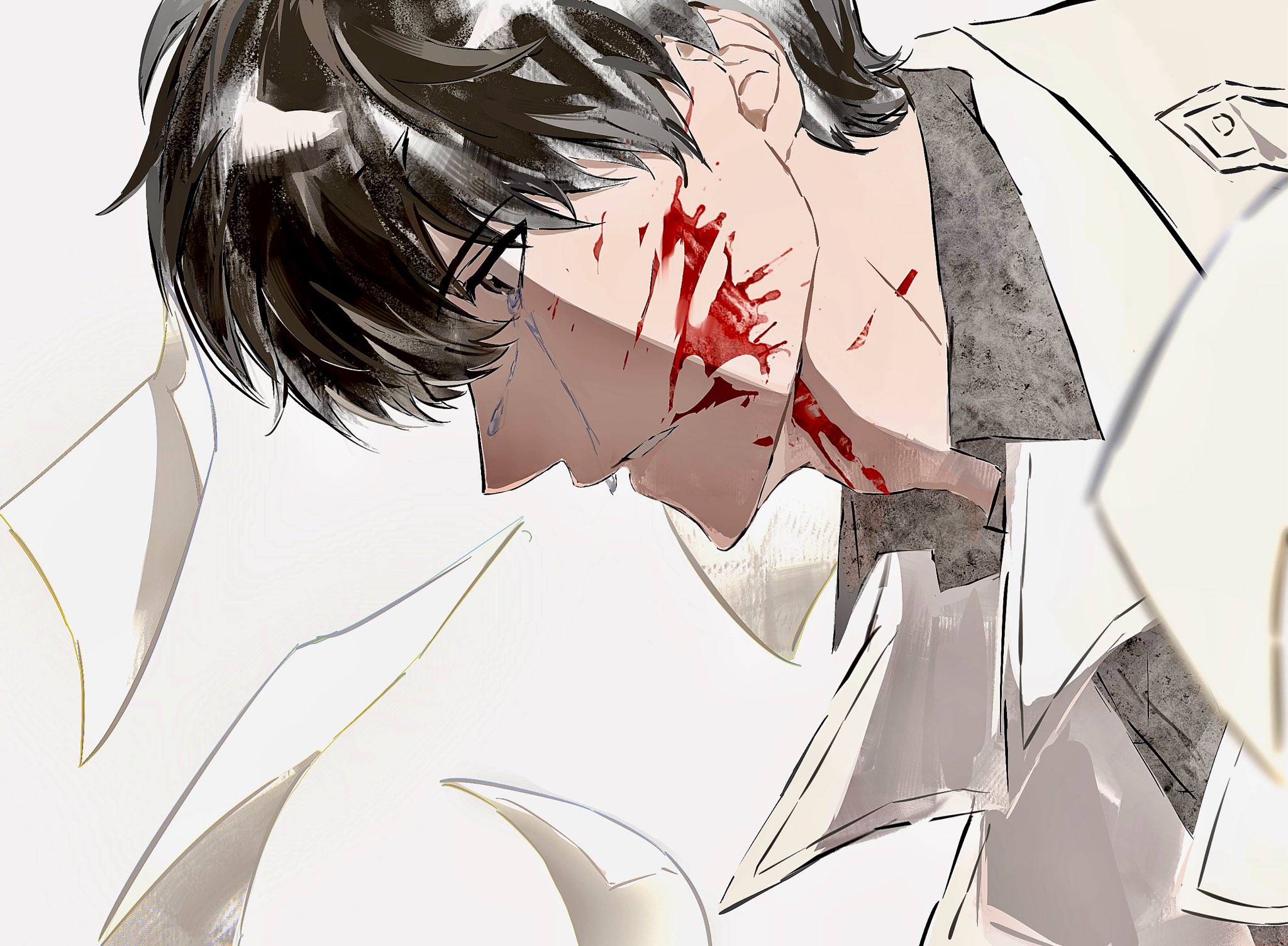 kim dokja, omniscient reader's viewpoint, highres, 1boy, 8d2suga9, black hair, black shirt, blood, blood from mouth, blood on face, blood splatter, clenched teeth, close-up, coat, cowboy shot, crying, crying with eyes open, falling paper, male focus, open clothes, open coat, parted lips, popped collar, shirt, short hair, solo, tears, teeth, white coat, wide-eyed