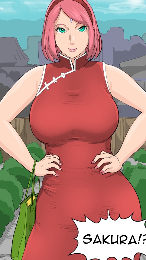 raikageart, haruno sakura, boruto: naruto next generations, naruto (series), 1girl, breasts, character name, day, dress, facial mark, forehead mark, green eyes, hairband, hands on own hips, large breasts, looking at viewer, outdoors, pink hair, red dress, red hairband, short hair, sleeveless, sleeveless dress, solo, speech bubble