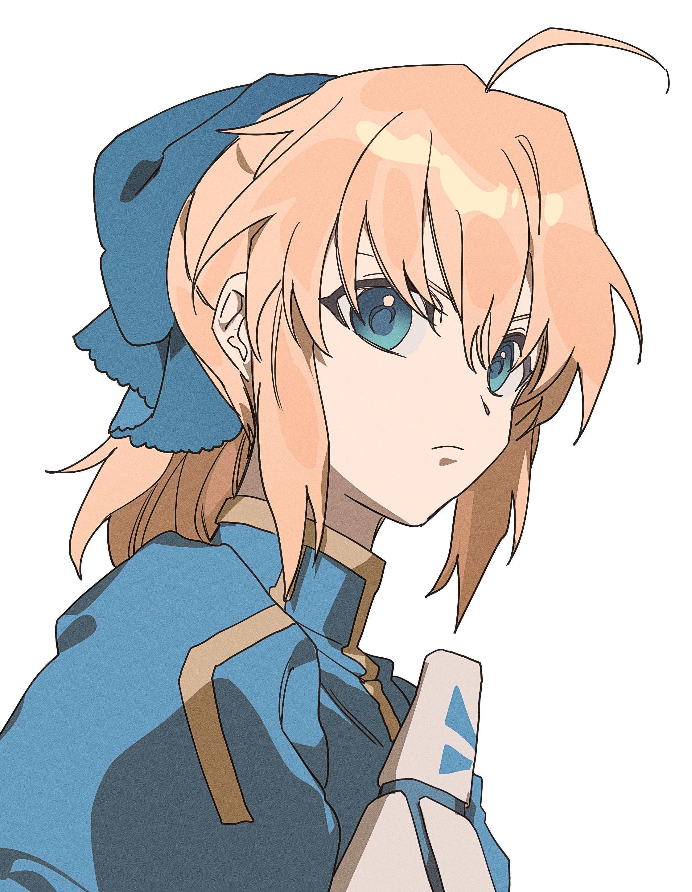 0304rong0304, artoria pendragon (fate), saber (fate), fate/stay night, fate (series), absurdres, commentary request, highres, korean commentary, 1girl, ahoge, alternate hairstyle, armor, frown, juliet sleeves, long sleeves, ponytail, portrait, puffy sleeves, serious, solo
